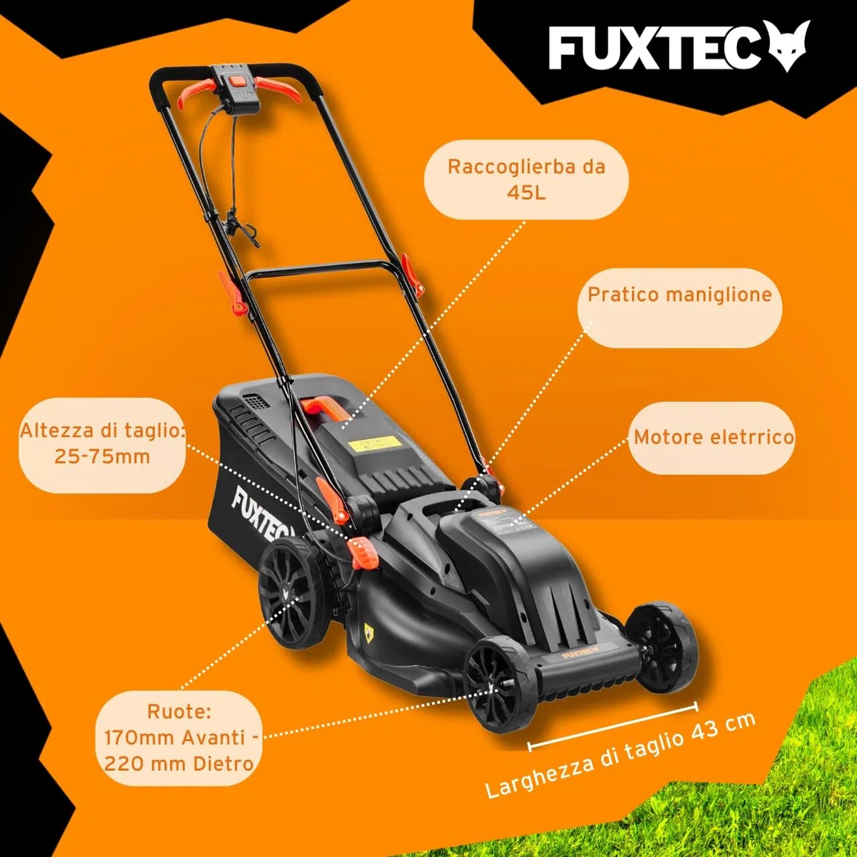 Tagliaerba Elettrico FUXTEC FX-RME43-44 cm Larghezza di Taglio, Cesto da 45 L, Altezza Regolabile 25-75 mm, Tosaerba Silenzioso ed Efficiente
