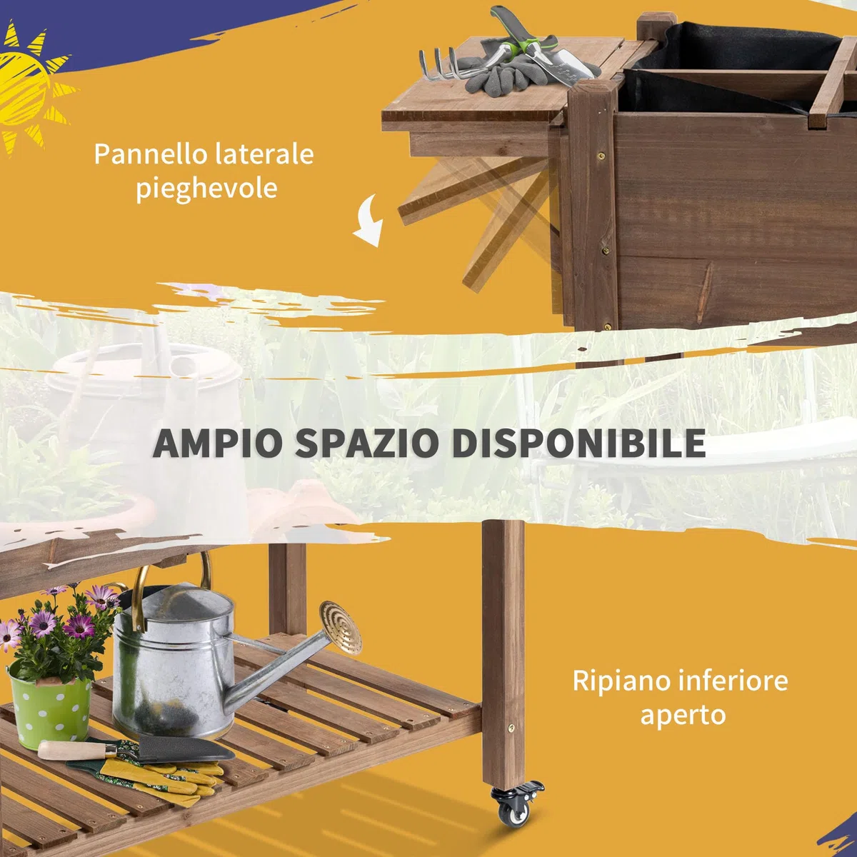 Outsunny Letto per Orto Rialzato a 8 Scomparti con Ruote, Ripiano Laterale e Mensola Inferiore a Doghe, Fioriera Rialzata da Esterno in Abete con 4 Fori di Drenaggio, 123x54x87cm, Caffè Scuro