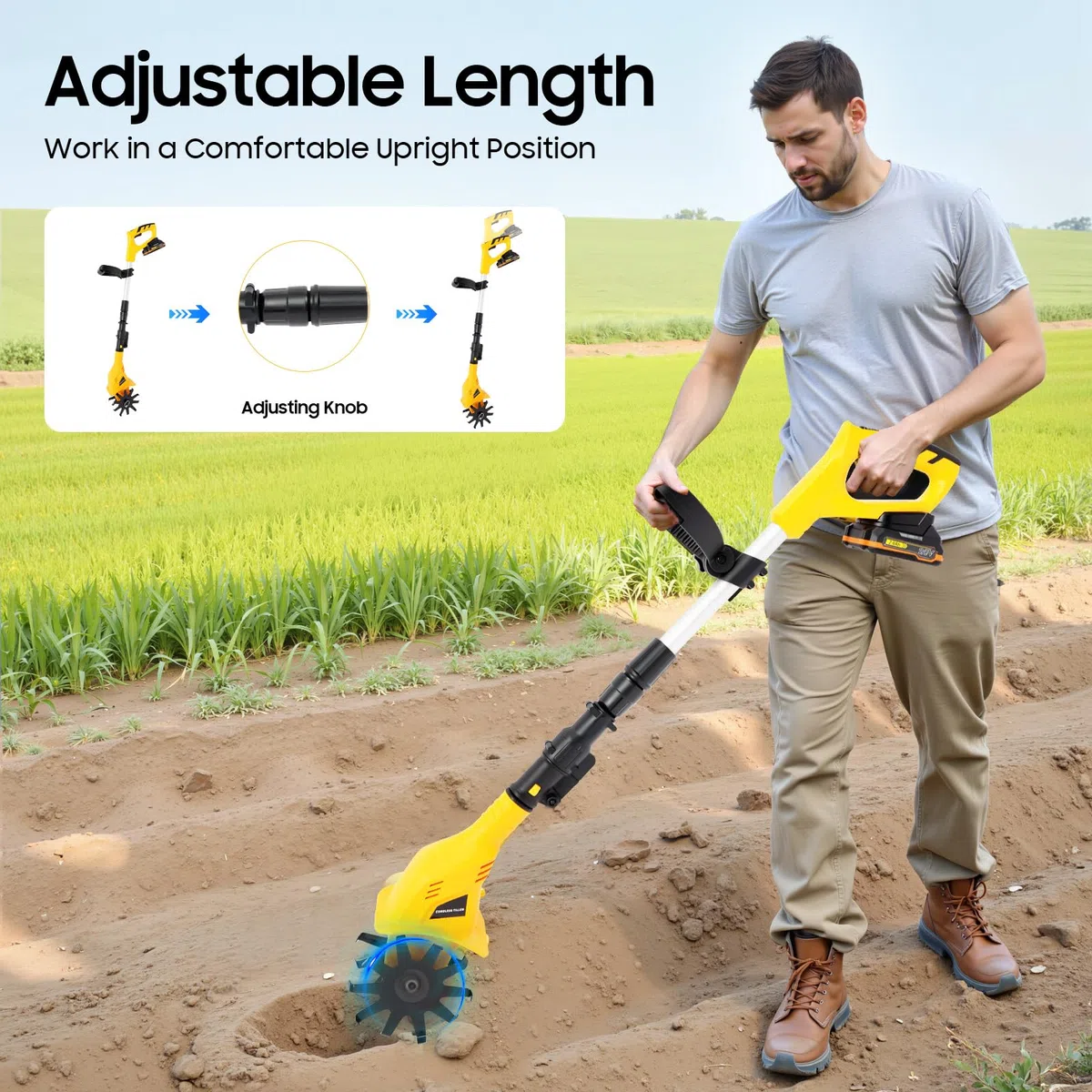 Motozappa, zappa elettrica compatibile con batteria, fresa da giardino, profondità di 25 cm, fresa senza spazzole, timone elettrico manuale per piccole aiuole e giardini