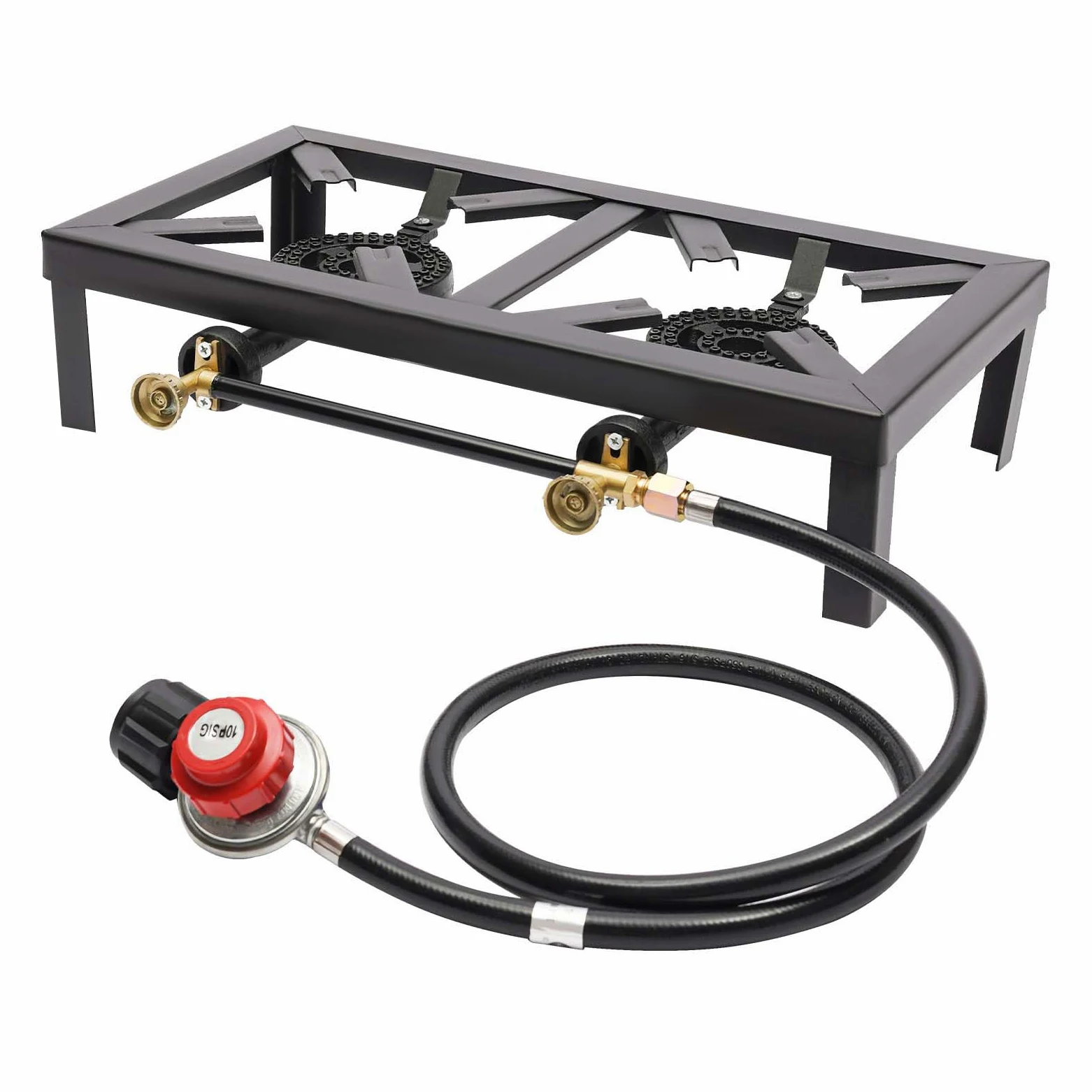 Fornello a Gas da Esterno Nero Fornello a Gas 8000W Bruciatore Doppio in Ghisa con Tubo del Regolatore, Griglia a Gas Portatile da Campeggio per Campeggio Giardino BBQ Gambe Fisse Portatile