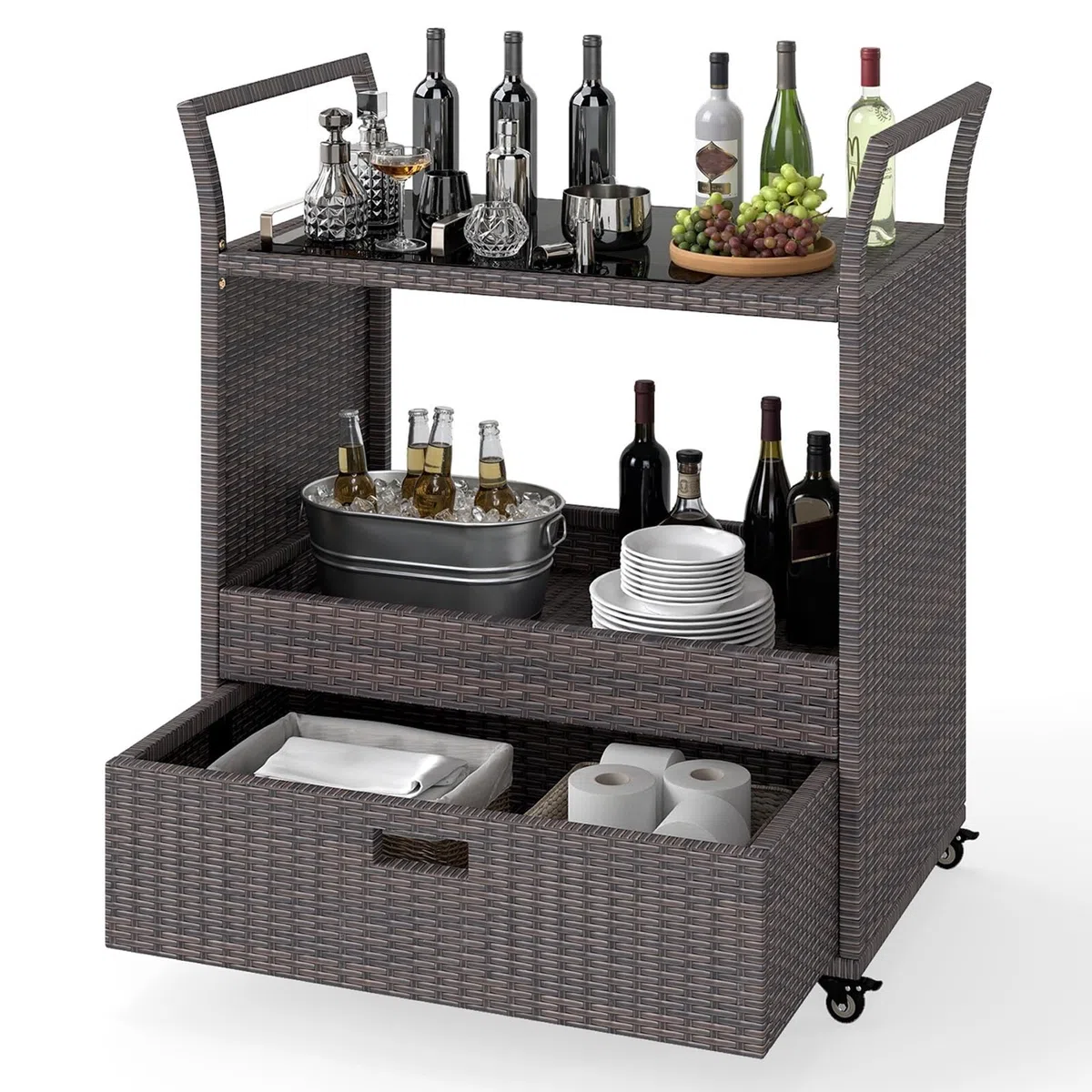 GIANTEX Carrello Bar da Esterno con Ruote, Carrello di Servizio in Rattan con Ripiano in Vetro Temperato, Scaffale di Stoccaggio e Cassetto Rimovibile per Veranda, Giardino e Bordo Piscina