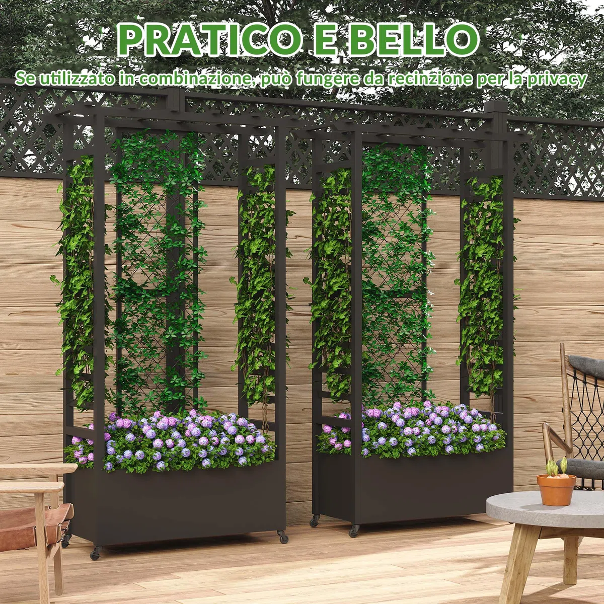 Aiuola rialzata con traliccio e tetto sospeso, fioriera in metallo indipendente con ruote, fioriera rialzata mobile per interni ed esterni per viti, piante rampicanti, fiori, per giardino, patio