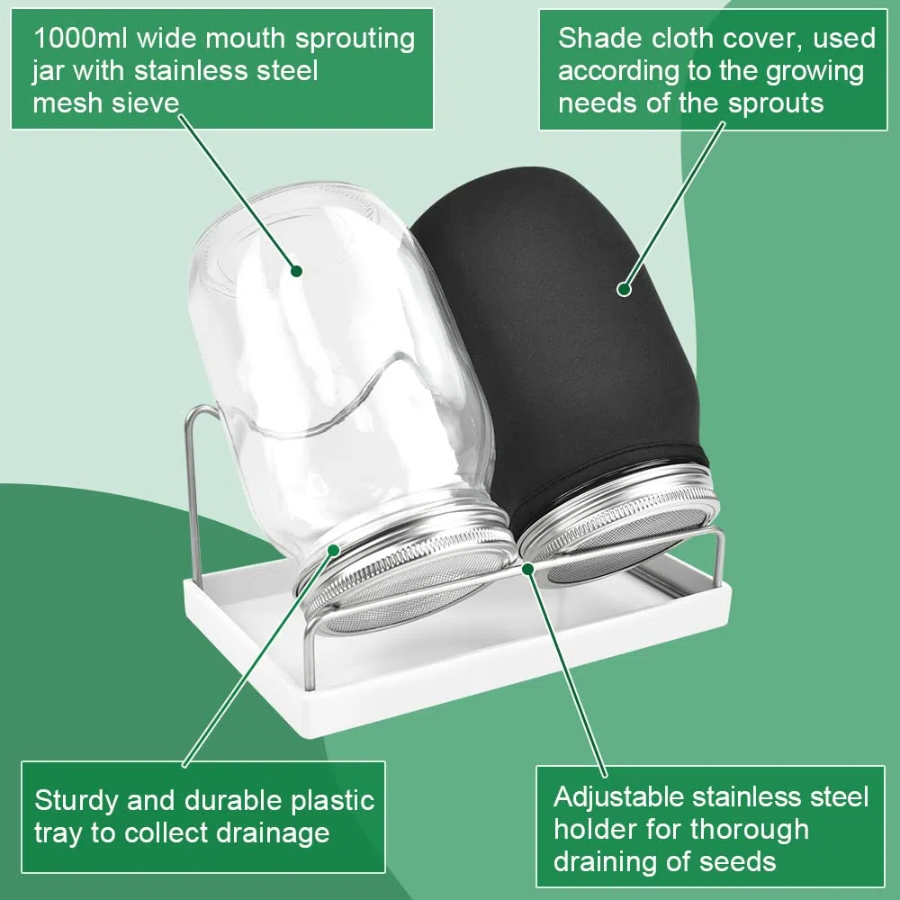 REFORUNG Germogliatore Barattolo Vetro Germogli in Vaso di Vetro da 1000ml Vasetti per Germogli in Vetro con Coperchio a Griglia Copertina in Tessuto e Supporto per Broccoli,Germ,Semi Biologici