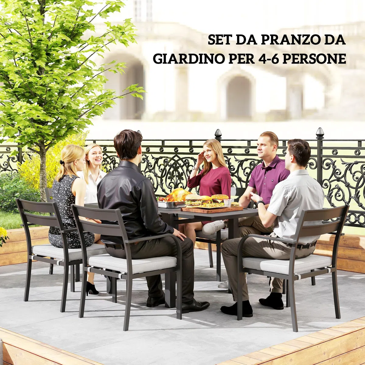 Outsunny Set Tavolo da Giardino con Sedie da 7 Pezzi, Set da Pranzo con Tavolo Allungabile, 6 Sedie da Esterno Impilabili con Braccioli e Cuscini, Set di Mobili a Doghe in Acciaio Alluminio, Grigio