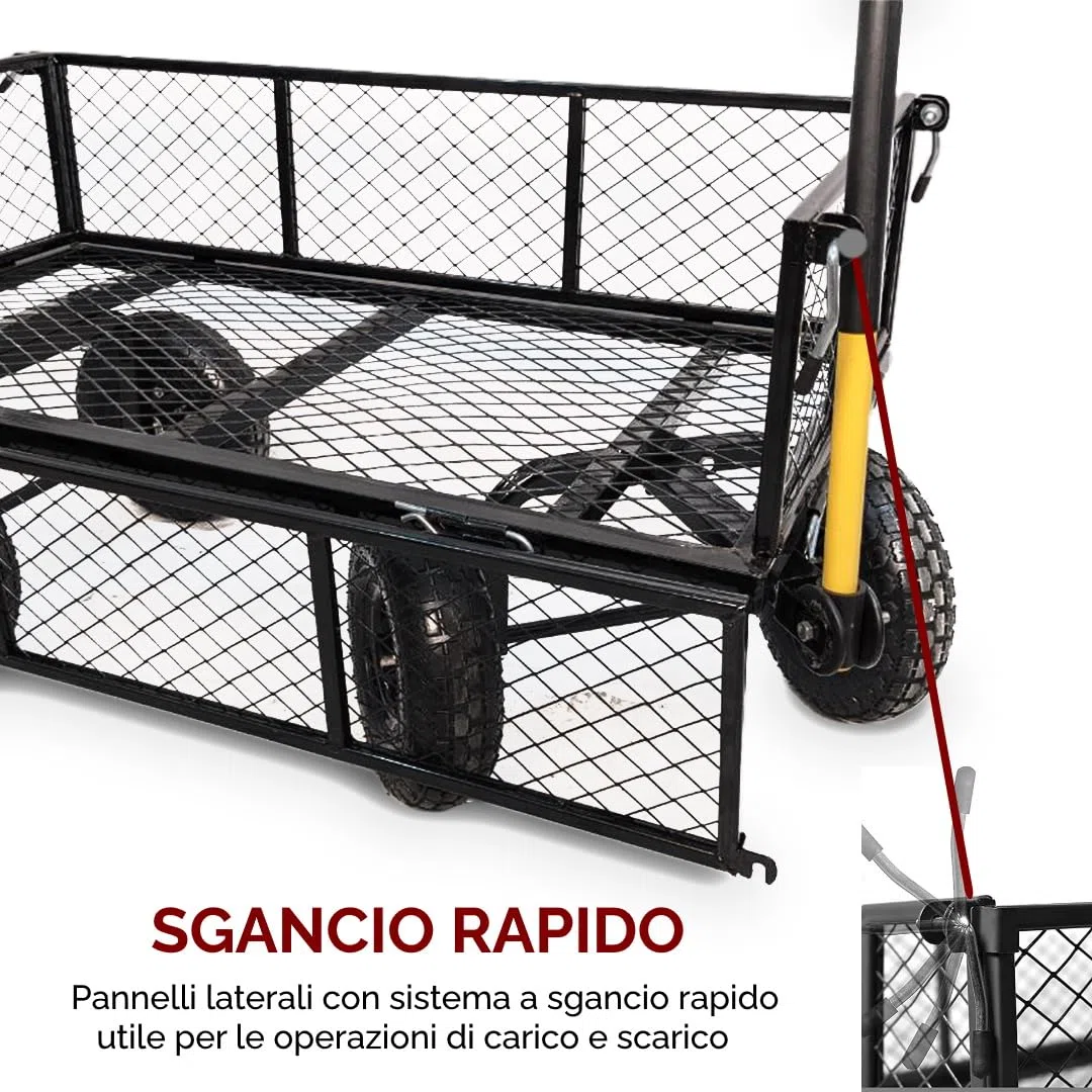 CARRELLO A MANO CON SPONDE LATERALI RIBALTABILI CARICO MAX 300 KG PORTA PACCHI PORTA TUTTO CARRETTO DA GIARDINO