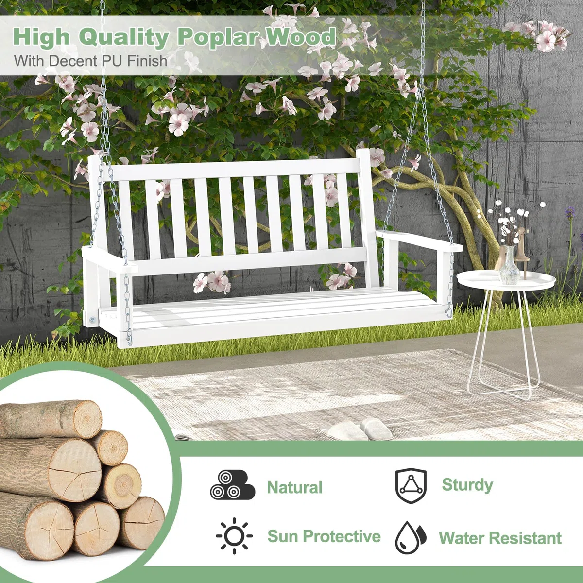 KOMFOTTEU Panca sospesa in legno di pioppo, 2-3 posti, panca a dondolo con catene in metallo regolabili, sedia sospesa con schienale a doghe, altalena Hollywood per giardino (bianco, 136 x 67 x 63 cm)