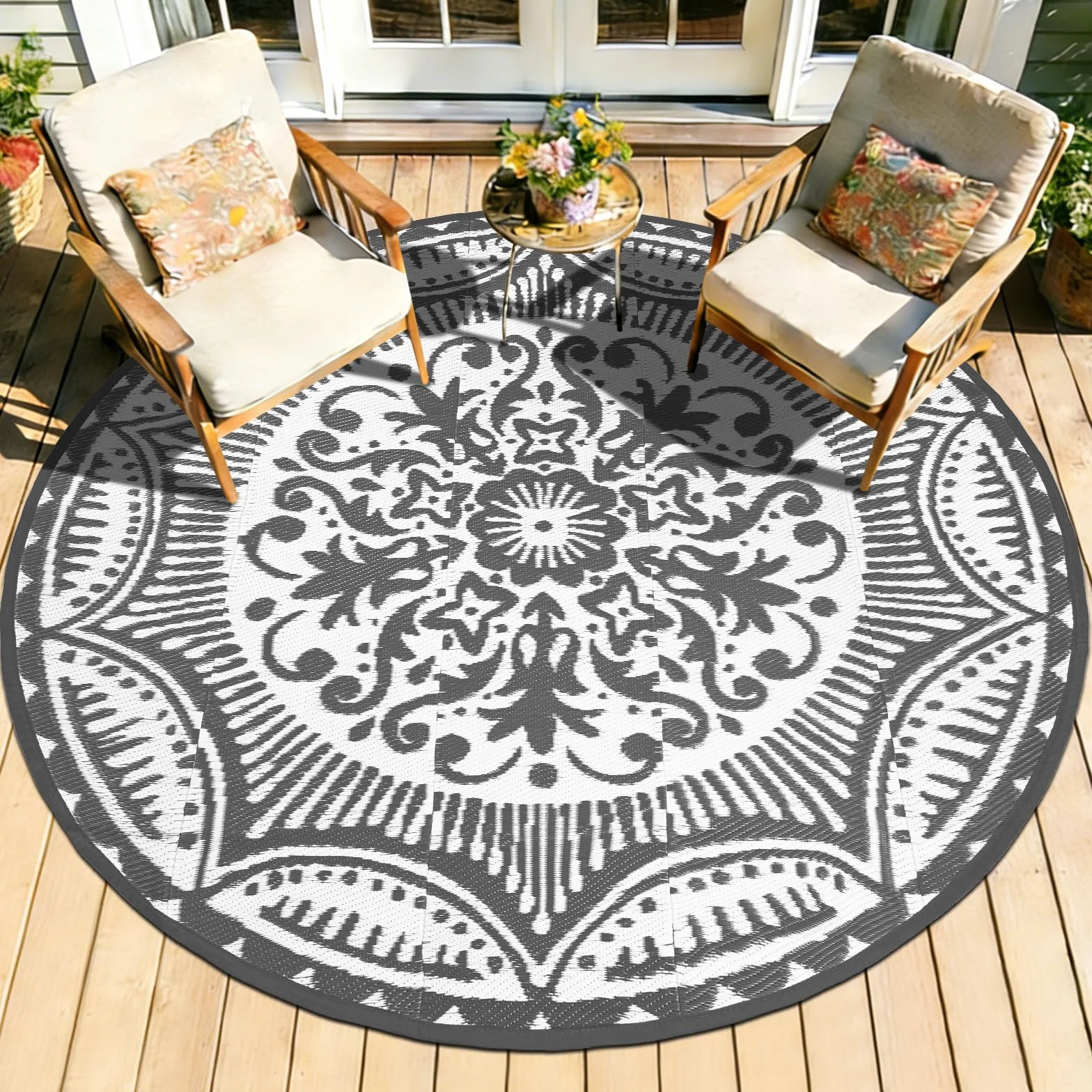 Capslpad Tappeto rotondo per esterni, diametro 150 cm, tappeto da balcone, in plastica, leggero, da picnic, per esterni, per balcone, picnic, campeggio, giardino, grigio