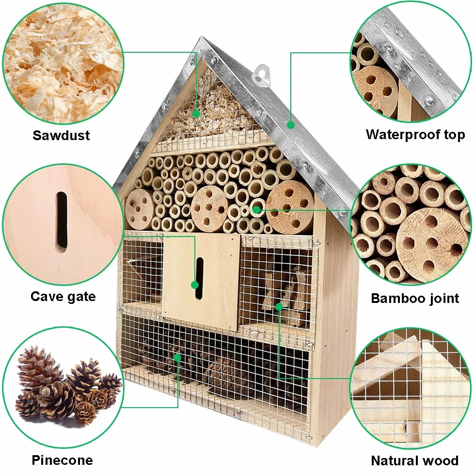 Casetta In Legno Da Giardino Esterno Per Insetti, Casetta Api Selvatiche Da Appendere Con Tetto In Metallo, Hotel Per Insetti Selvatici Ape Farfalla Coccinella, Decorazioni Appesa Da Giardino Albero