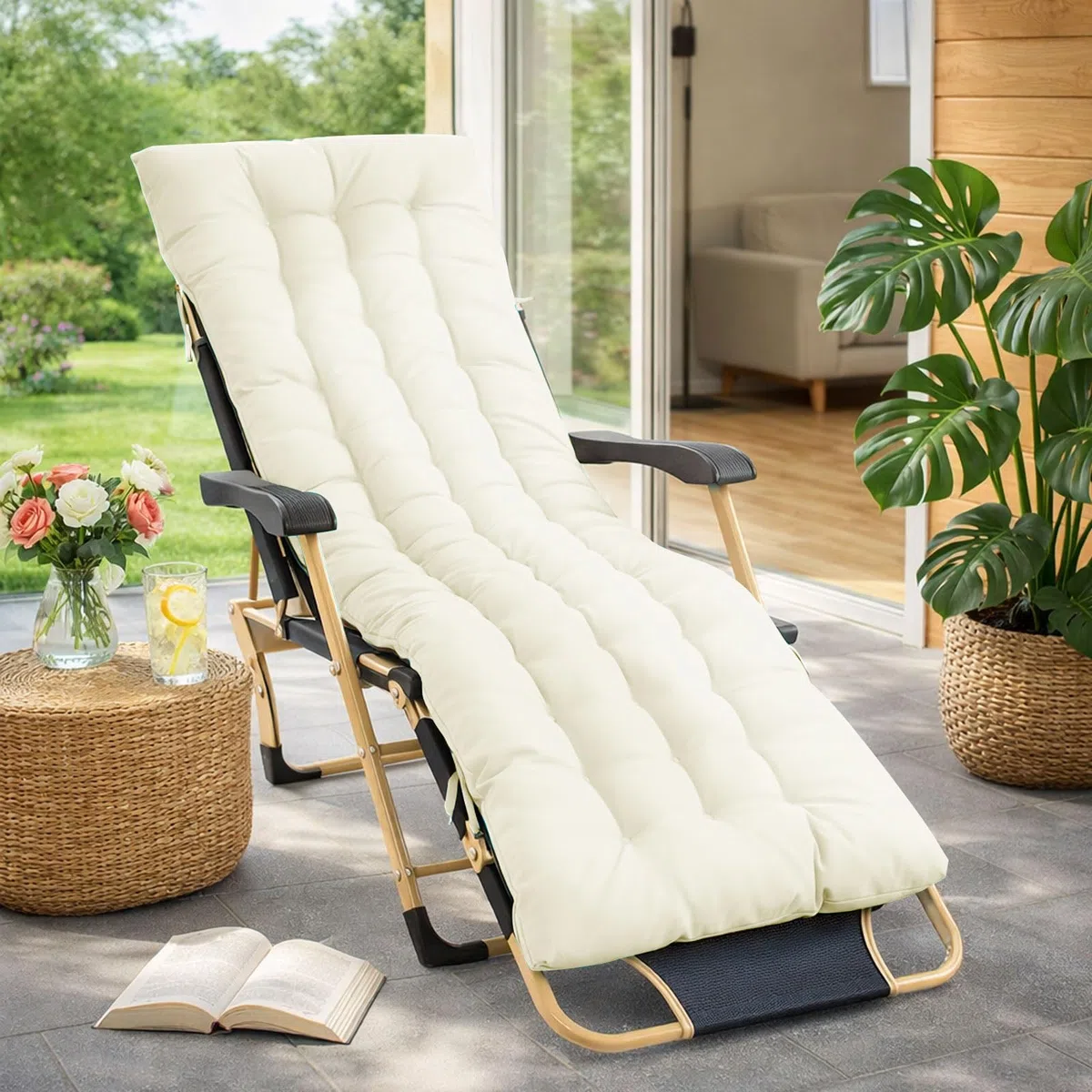 Bocguy Coussins Pour Bains De Soleil，170x50x10 CM Chaise Longue Jardin，Matelas Transat Bain De Soleil Chaise Longue Exterieur Pour Jardin Terrasse Balcon