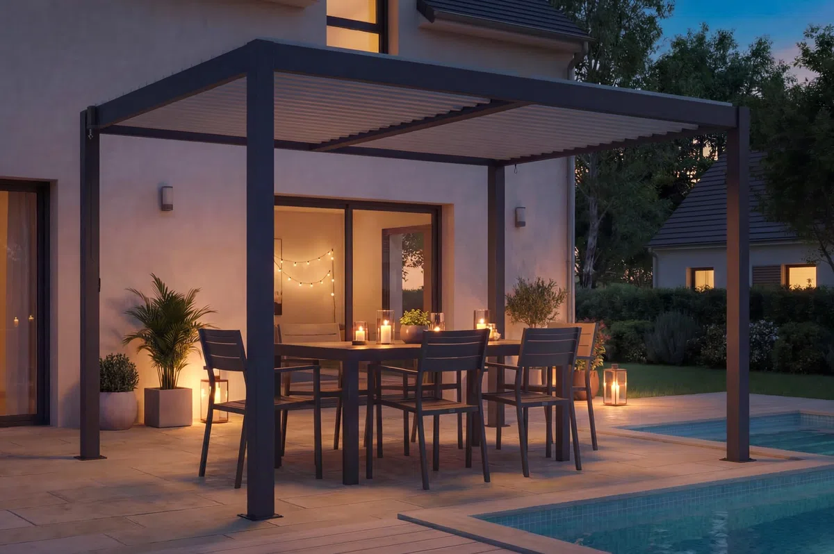 Cazeboo Pergola bioclimatica autoportante AGOSTA 4x3, altezza 250 cm - Alluminio grigio con doghe bianche