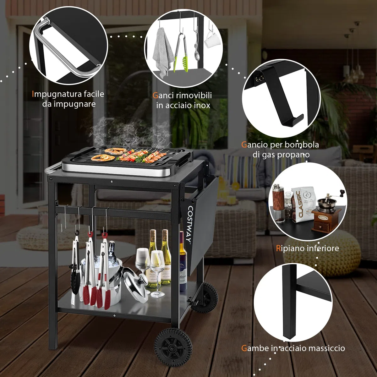 COSTWAY Carrello per Barbecue, Carrello di Servizio con Ruote e 4 Ganci, Pannello Laterale Pieghevole, Carrello Cucina Multiuso per Forno da Pizza, per Casa Cortile Patio e Giardino
