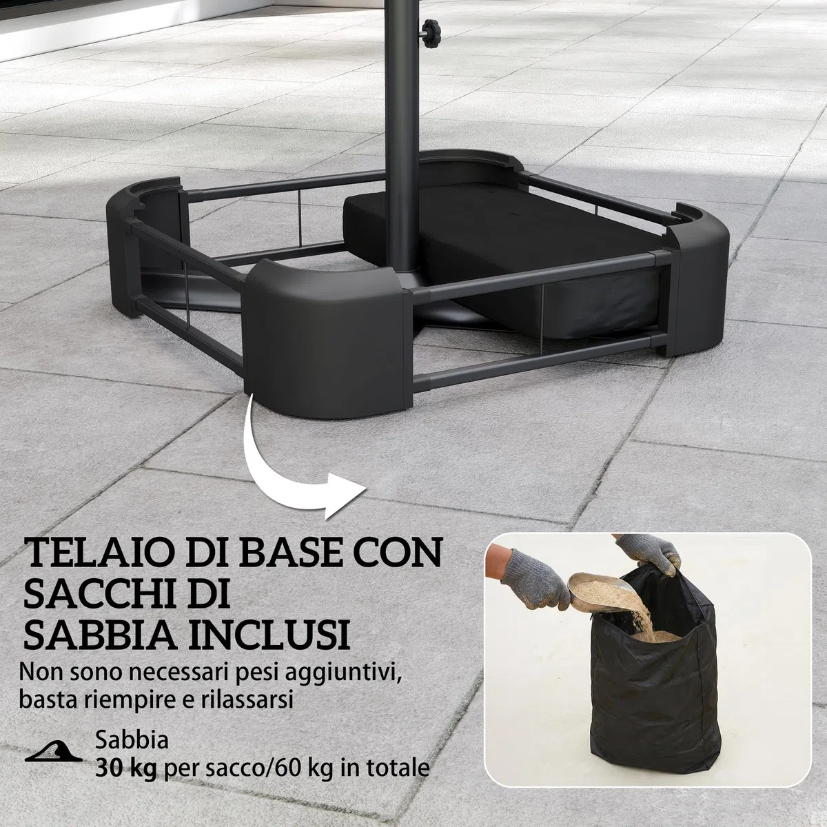 Outsunny Ombrellone Doppio da Giardino 3x1.5 m con Base a Croce, Sacchi di Sabbia, Ombrellone da Esterno Rettangolare con Manovella, 12 Stecche, UV 50+, per Patio Terrazzo Balcone