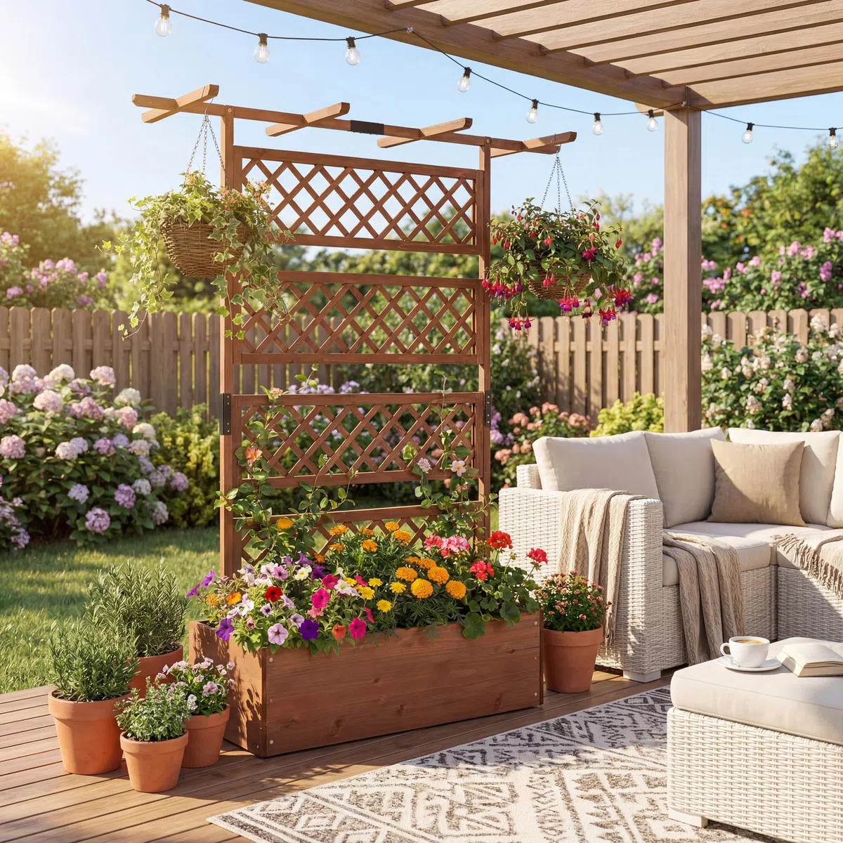 HOMASIS Orto Rialzato con Grigliato e Tetto da Giardino, Letto per Aiuola, Fioriera per Piante, Fiore, Rampicanti, Vasi, in Legno Massello, per Esterno, Terrazza, 100 x 55 x 183 cm, Marrone Scuro