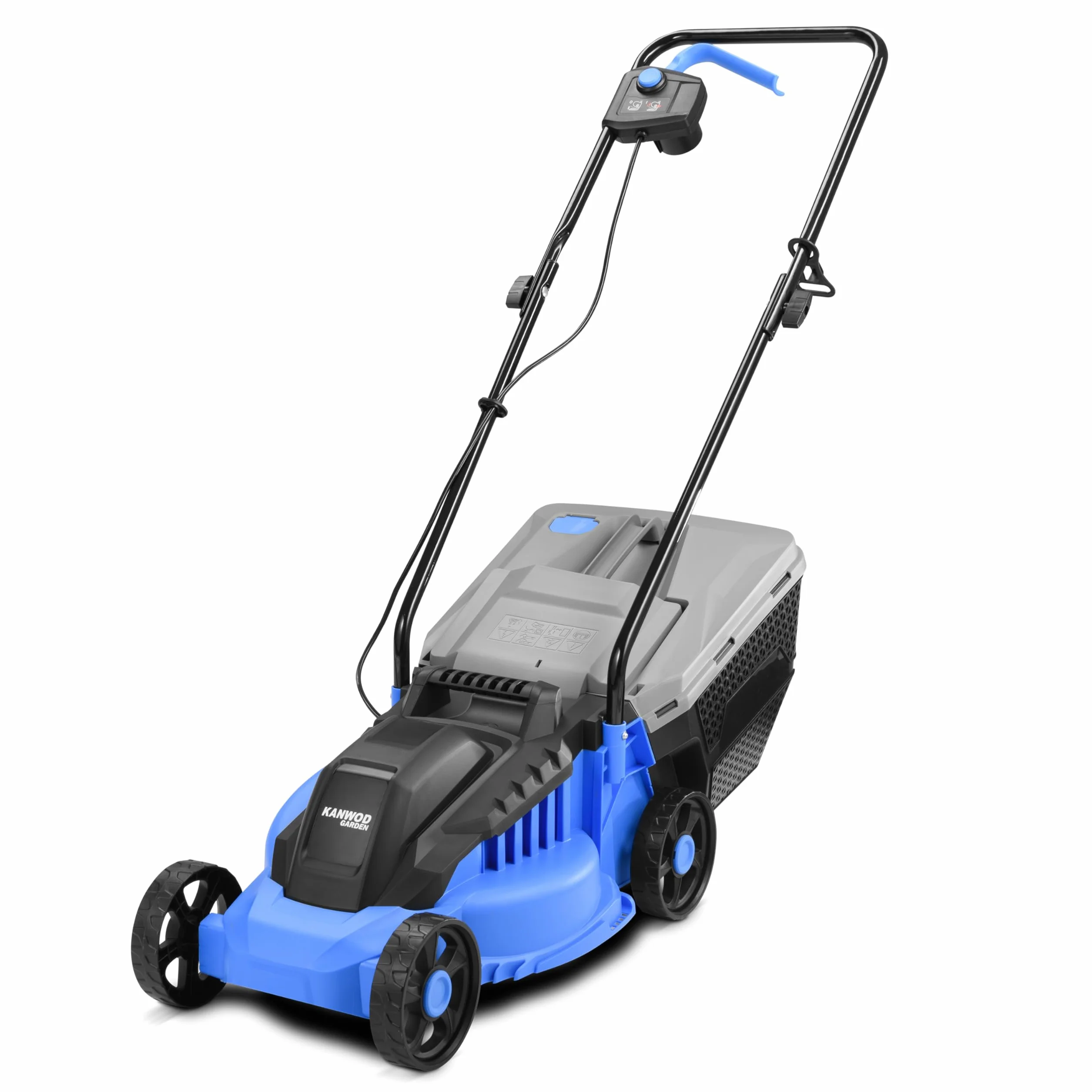 KANWOD Tagliaerba Elettrico, 1200 W, Larghezza di Taglio 32 cm, Cesto Raccoglierba 30 L, Regolazione Altezza Taglio 3 Livelli 30-70 cm, Tosaerba per superfici fino 500 m², 3400 giri/min, Grigio/Blu
