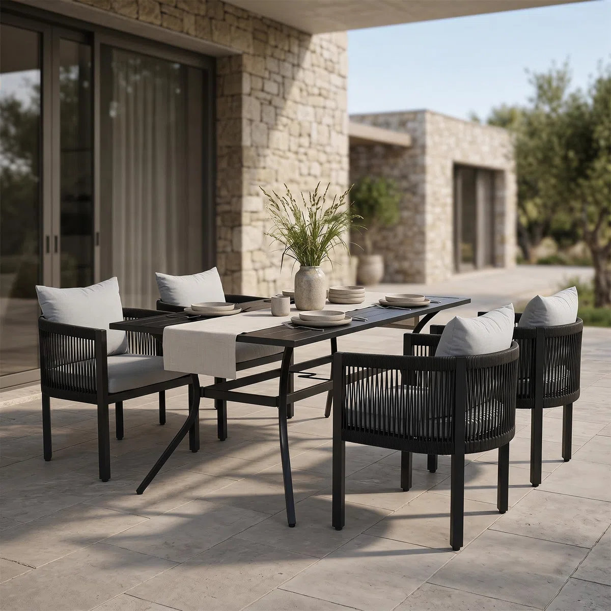 Ya-Home Set di 4 Sedie da Giardino, Poltrone Rotonde per Patio con Schienale a Intreccio in Corda Aperto, Sedie da Esterno Moderne con Rivestimento in Tessuto, Ideali per Balconi e Cortili, Grigio