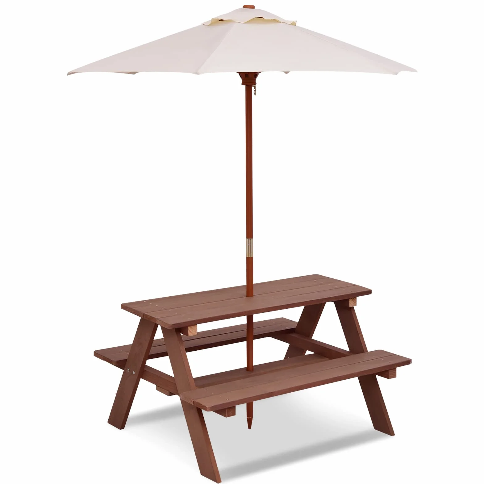 GYMAX Set Tavolo da Picnic e Panca per Bambini, Tavolo da Gioco in Legno di Abete con Ombrellone Rimovibile e Pieghevole, per Giardino Cortile Patio, Bambini (Stile 2)