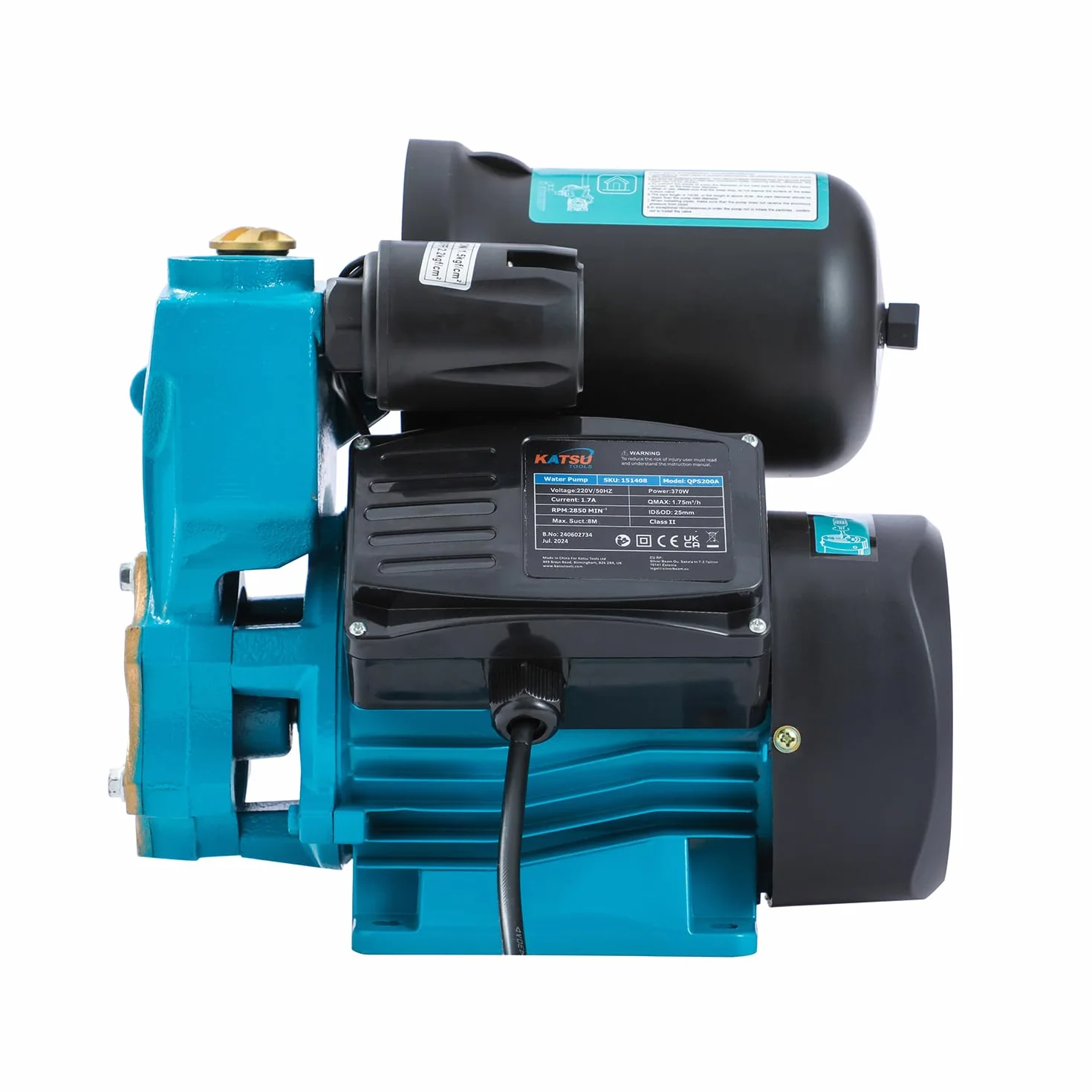 KATSU Tools Pompa di aumento della pressione dell'acqua Controllo della pressione semiautomatico Autoadescante 370W Adatto per rubinetti dell'acqua domestici da giardino 151408