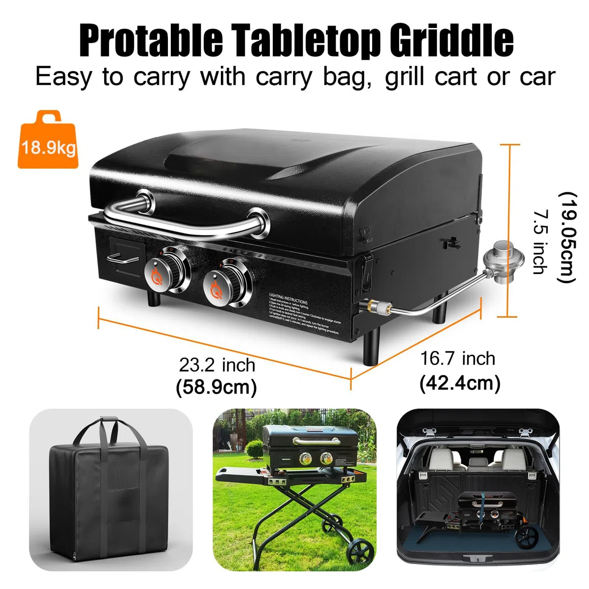 GFTIME Barbecue a gas da tavolo con 2 bruciatori, piastra Plancha a gas con parte superiore piatta, grill a propano con borsa per il trasporto, 55,9 cm, 48.000 BTU, piastre in ceramica antiaderente