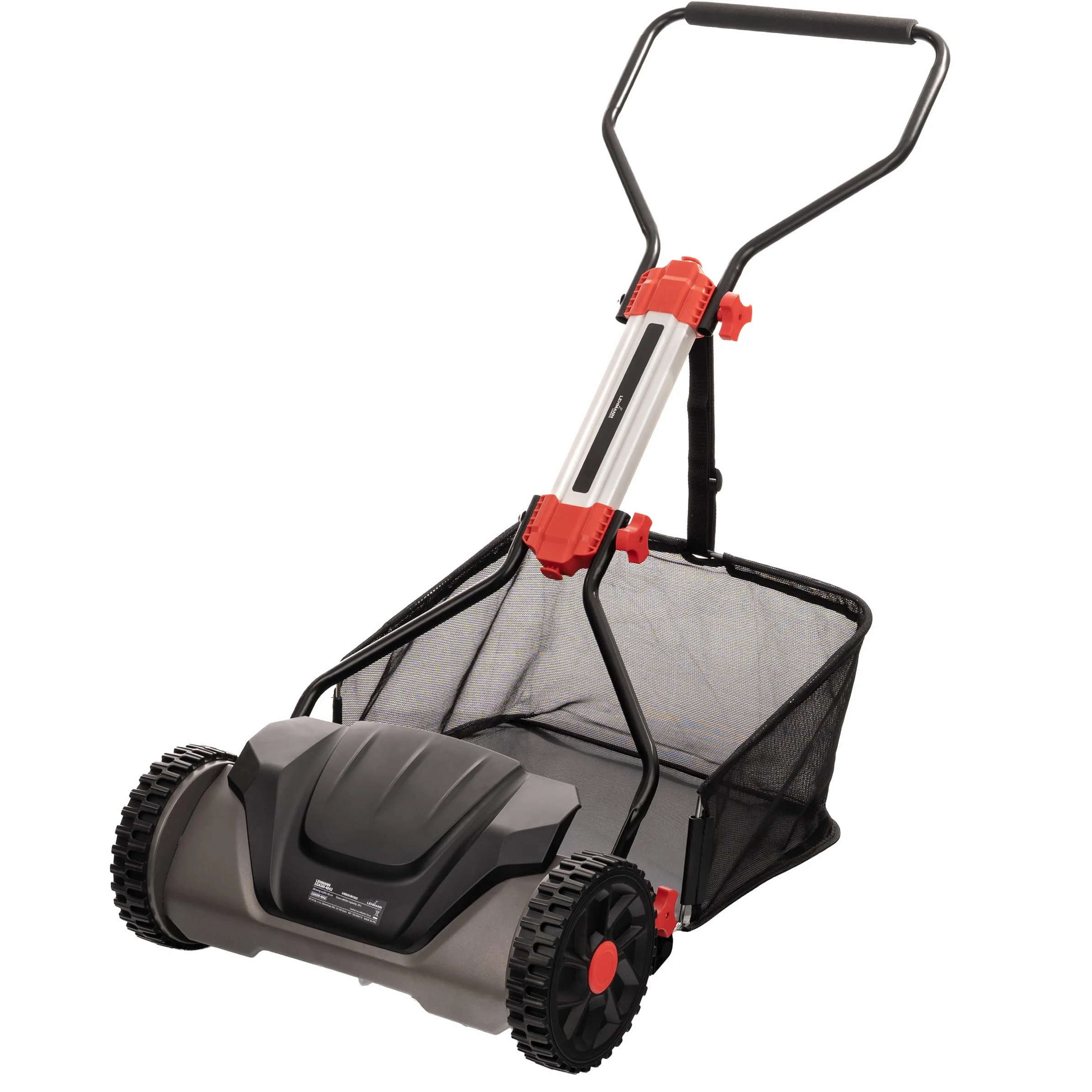 LEHMANN Tagliaerba a rullo 40 cm con cesto 30 L – Tagliaerba manuale a spinta per erba, senza elettricità, meccanico con 5 lame, altezza di taglio regolabile 15–42 mm, manico pieghevole