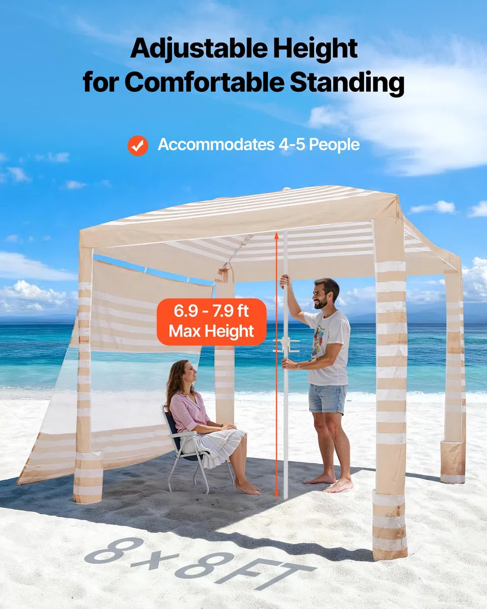 VEVOR Tenda da Spiaggia per Esterno da 2438 x 2438 mm con Parete Laterale, Protezione UPF 50+, Facile da Montare con Tasche per la Sabbia, Ombrellone Parasole Portatile Regolabile in Altezza