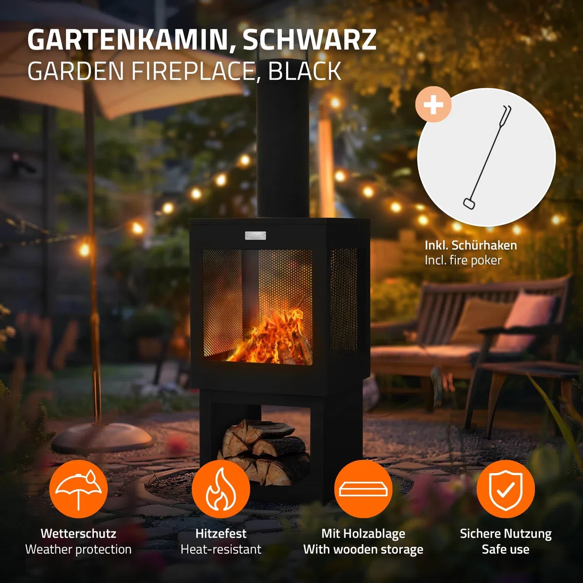 ML-Design Camino da Giardino con Canna Fumaria 128x40 cm Nero in Acciaio Stufa da Esterno con Attizzatoio Tettoia Rimovibile e Ripiano Porta Legna Caminetto da Terrazza Braciere per Terrazza
