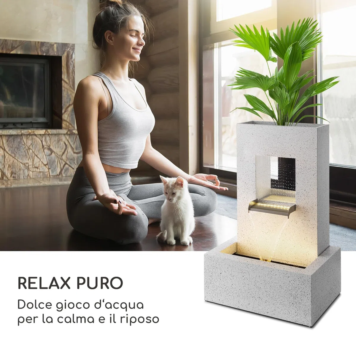 blumfeldt Bloomingstone - Fontana Decorativa da Giardino, con Vaso per Piante, al Chiuso e all'Aperto, Cavo da 10 m, Circuito Idrico Chiuso, LED, Pompa 12 W/800 l/h, Zinco, Bianco