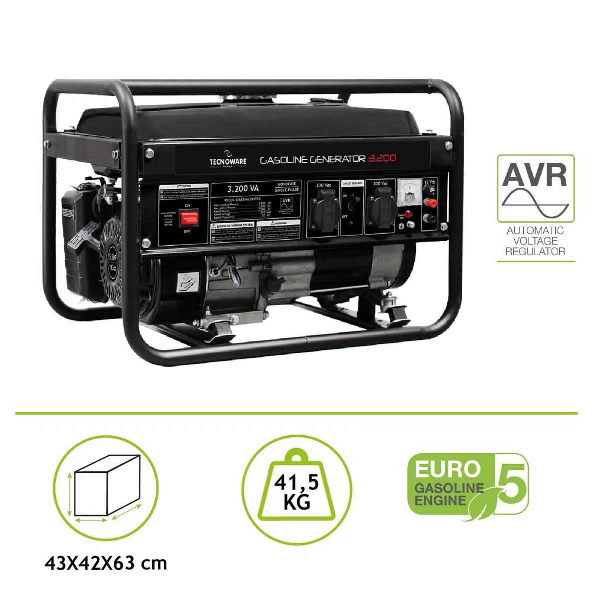 Tecnoware Power Systems - Generatore di Corrente a Benzina, Monofase 230 Vac 50 Hz, Potenza 3200 VA, 2 Prese SCHUKO 16A, Serbatoio 15 L, Motore 4 Tempi, AVR Stabilizzato, Nero