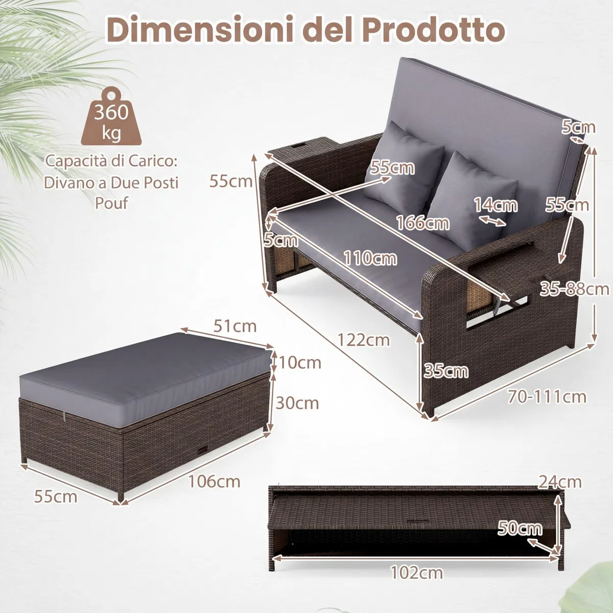 COSTWAY Lettino Prendisole da Giardino per 2 Persone, Divano con Panca Contenitore e Cuscino con Schienale Regolabile a 4 Livelli e Vassoi Laterali Estraibili per Balcone (Marrone screziato-Grigio)