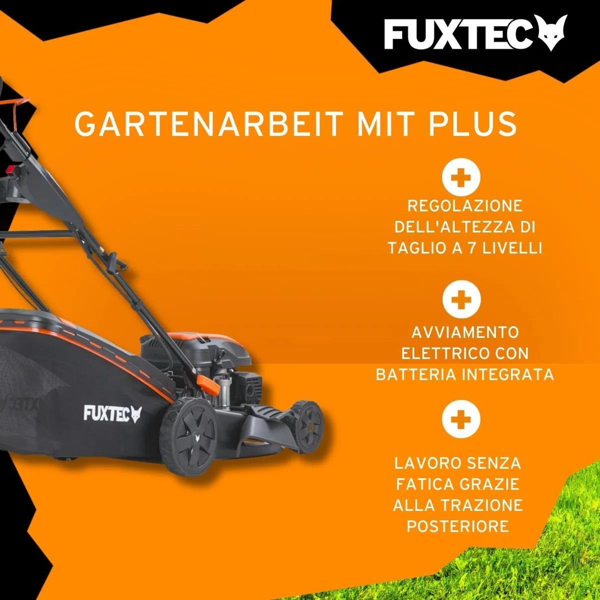 FUXTEC Tagliaerba a scoppio semovente RM5170eS 4in1-4 CV,Tosaerba a benzina 4 tempi trazionato avviamento elettrico,Larghezza di taglio 51cm - cesto raccoglierba 60L,mulching scarico laterale