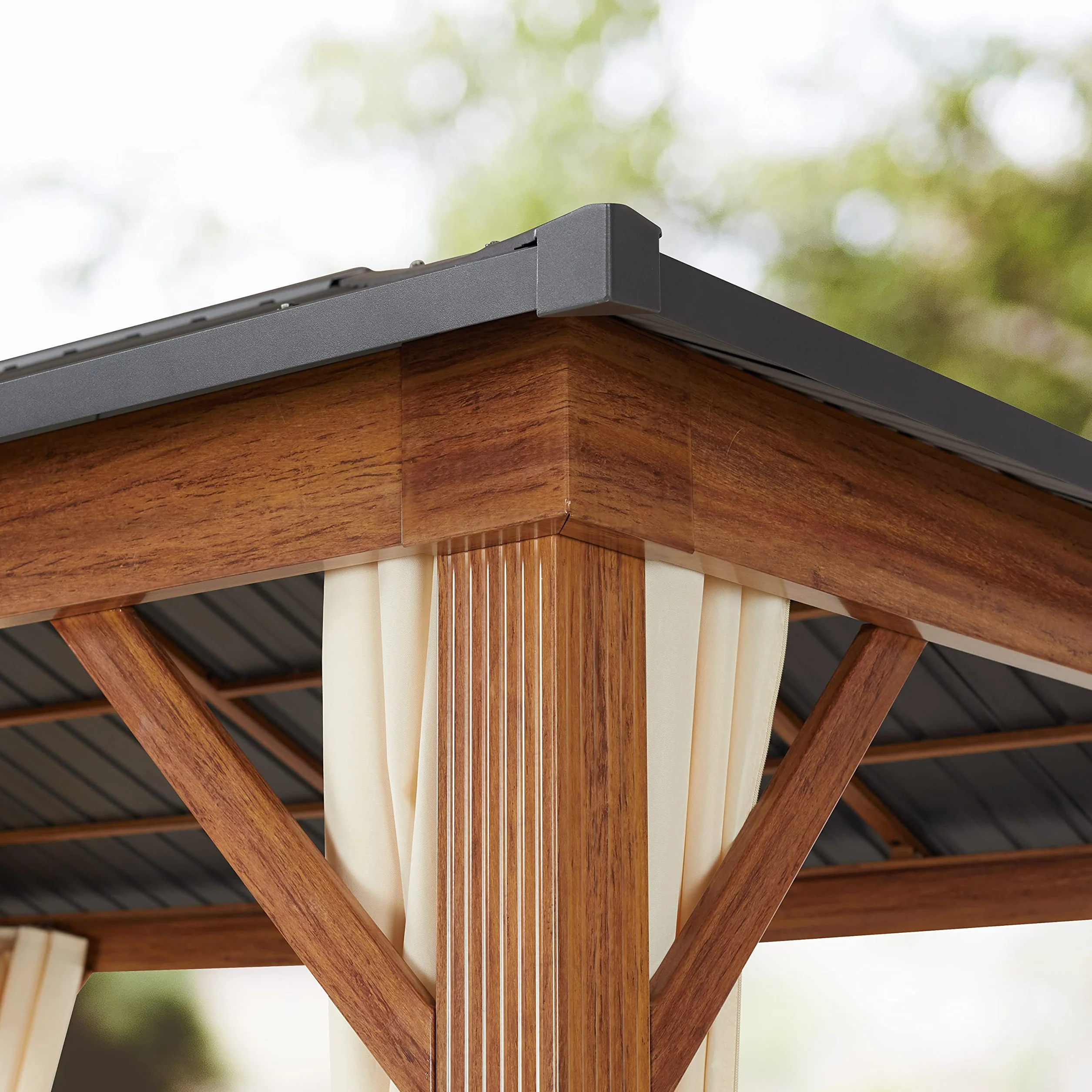 TOOLPORT Gazebo da Giardino 3x4 m Look Legno, Tetto Hardtop in Acciaio, 4 Teli Laterali Color Crema