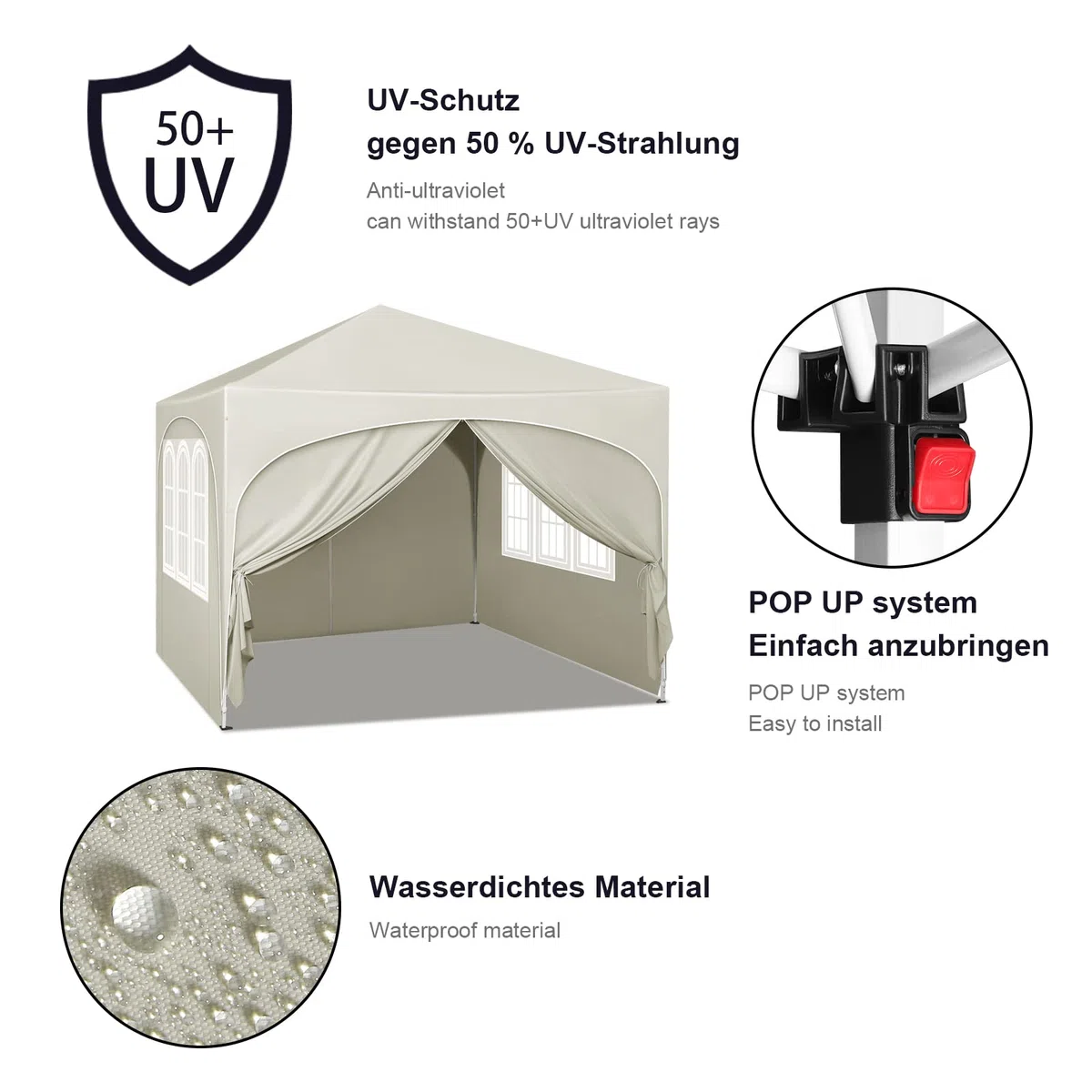 WOLTU Gazebo Pieghevole da Giardino, Gazebo Idrorepellente Pop Up da 3x3m Pannelli Laterali, Tendone Esterno, Altezza Regolabile, Protezione UV, con Custodia Beige
