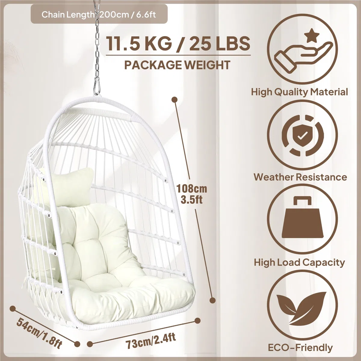 Sedia a Dondolo Pieghevole in Rattan per Interni ed Esterni - Vimini con Kit Appeso in Acciaio Inossidabile, Cuscino Resistente ai Raggi UV - Camera da Letto