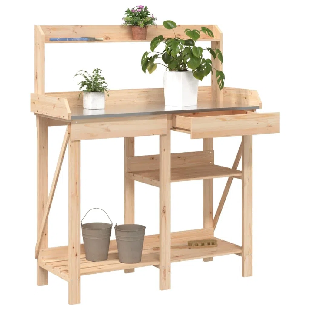 Rantry Tavolo per piante da giardino, tavolo da giardinaggio, in legno massiccio, con ripiani e cassetto, tavolo da lavoro da giardino, piano di lavoro zincato, in legno massello di abete