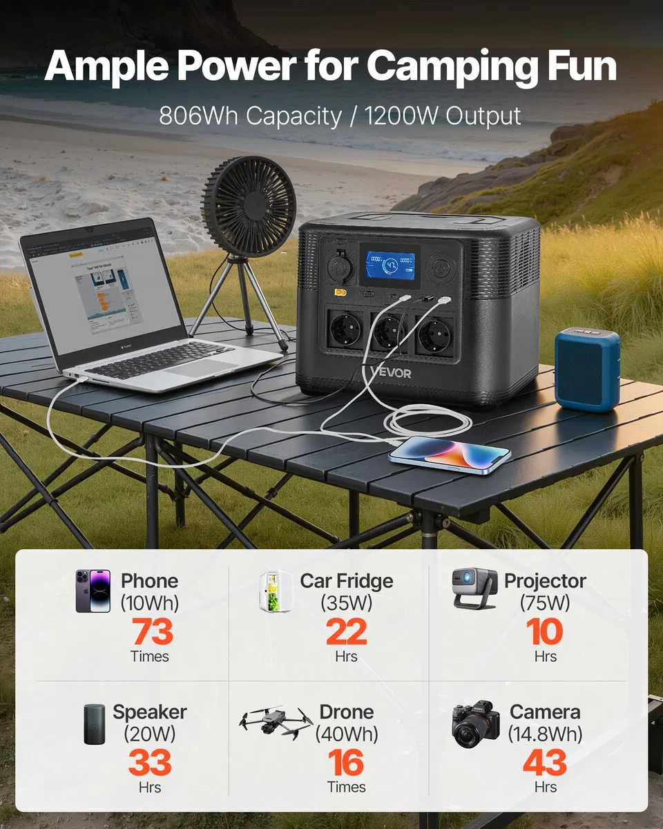 VEVOR Centrale Elettrica Portatile Generatore Solare 1200 W Stazione Elettrica Batteria di Backup LiFePO4 806 Wh con 9 Porte di Uscita per Campeggio Viaggio Emergenza, Pannello Solare Non Incluso