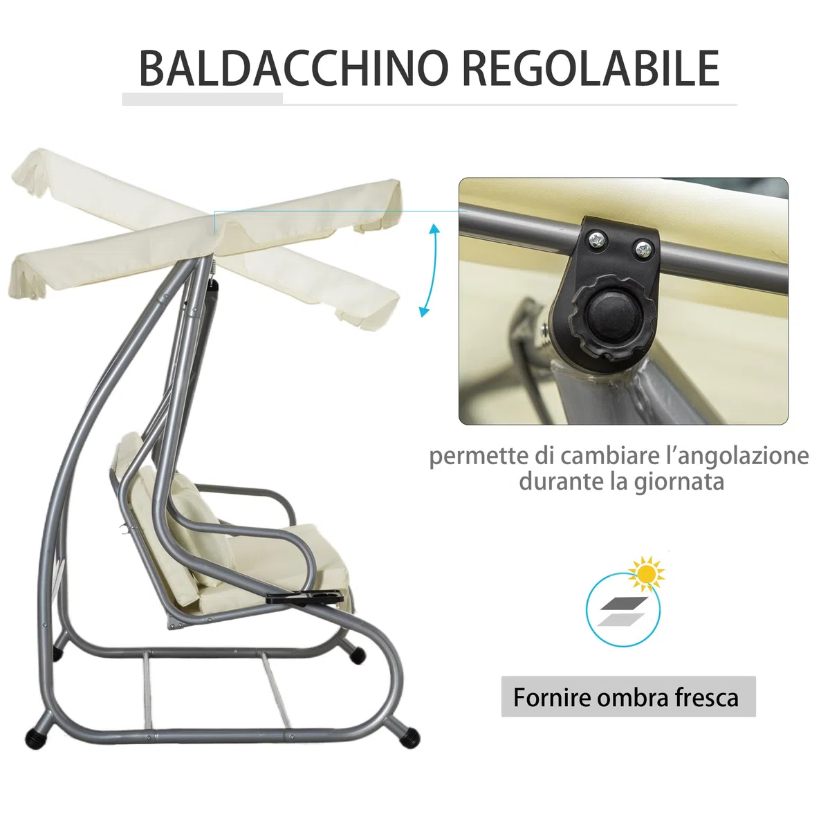 Outsunny Dondolo da Giardino convertibile in Letto a Dondolo, Dondolo 3 Posti in Acciaio e Poliestere con Tetto Regolabile e 2 Portabicchieri, 200x120x164 cm, Crema