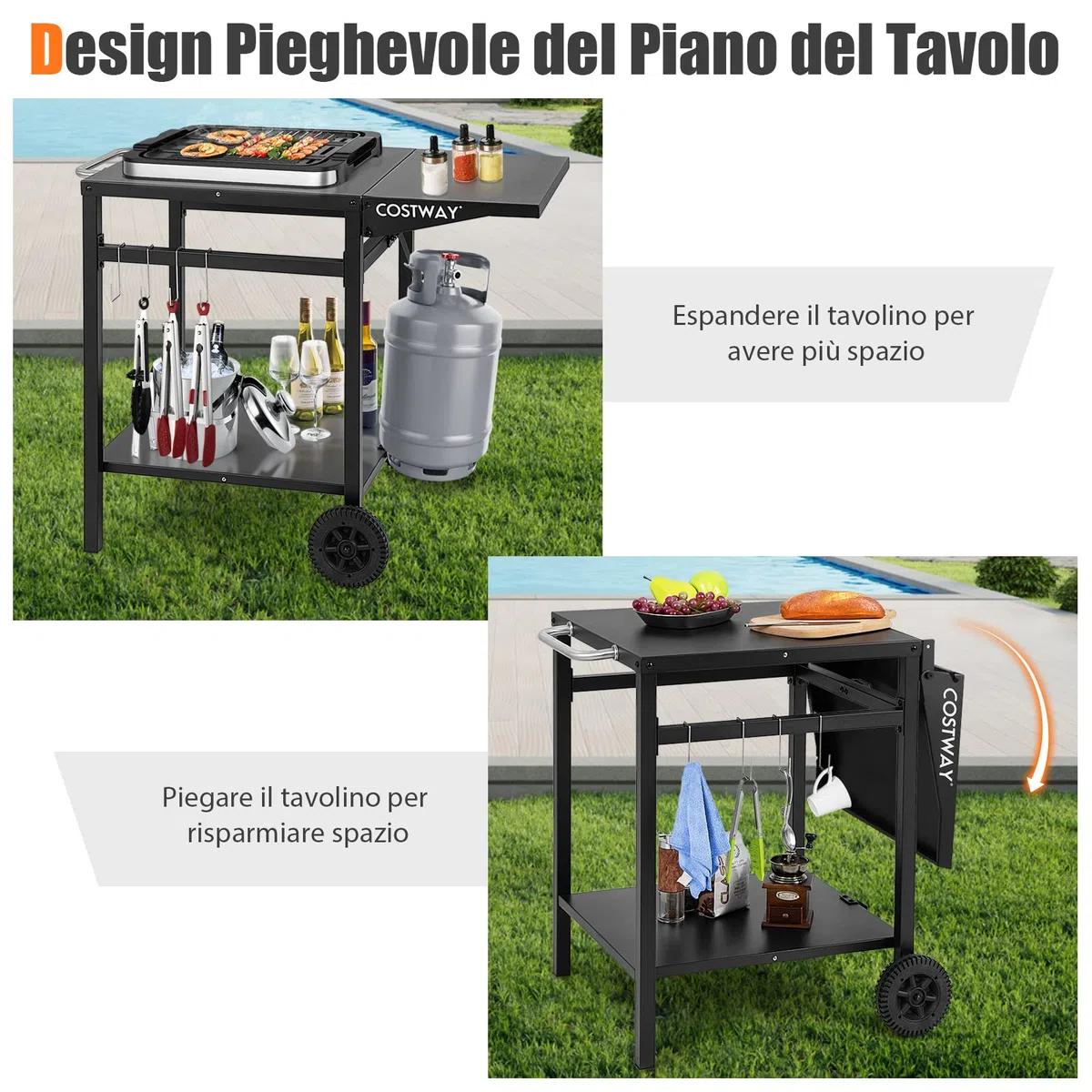 COSTWAY Carrello per Barbecue, Carrello di Servizio con Ruote e 4 Ganci, Pannello Laterale Pieghevole, Carrello Cucina Multiuso per Forno da Pizza, per Casa Cortile Patio e Giardino