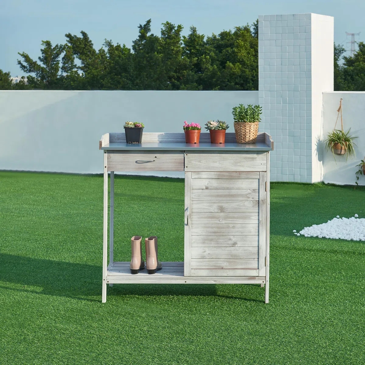 casa.pro Banco di Lavoro per Giardinaggio con Cassetto e Armadietto Ripiani Piano Tavolo di Lavoro da Giardino Orto in Legno di Abete - Grigio