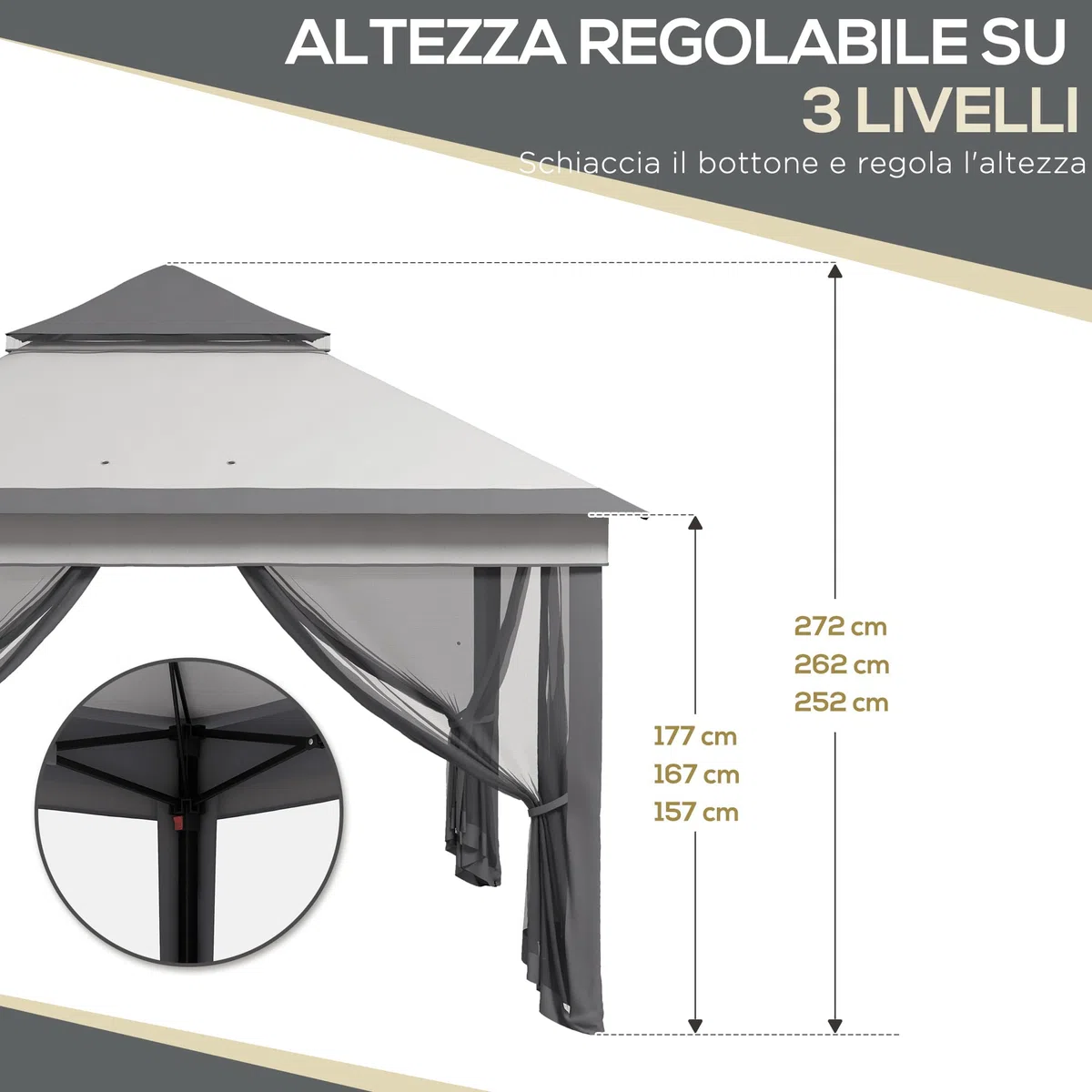 Outsunny Gazebo Pieghevole Pop Up con Zanzariere Rimovibili, Altezza Regolabile e Borsa da Trasporto, Gazebo da Esterno in Acciaio e Tessuto Oxford, UV 30+, per Giardino, Feste, Campeggio, Grigio