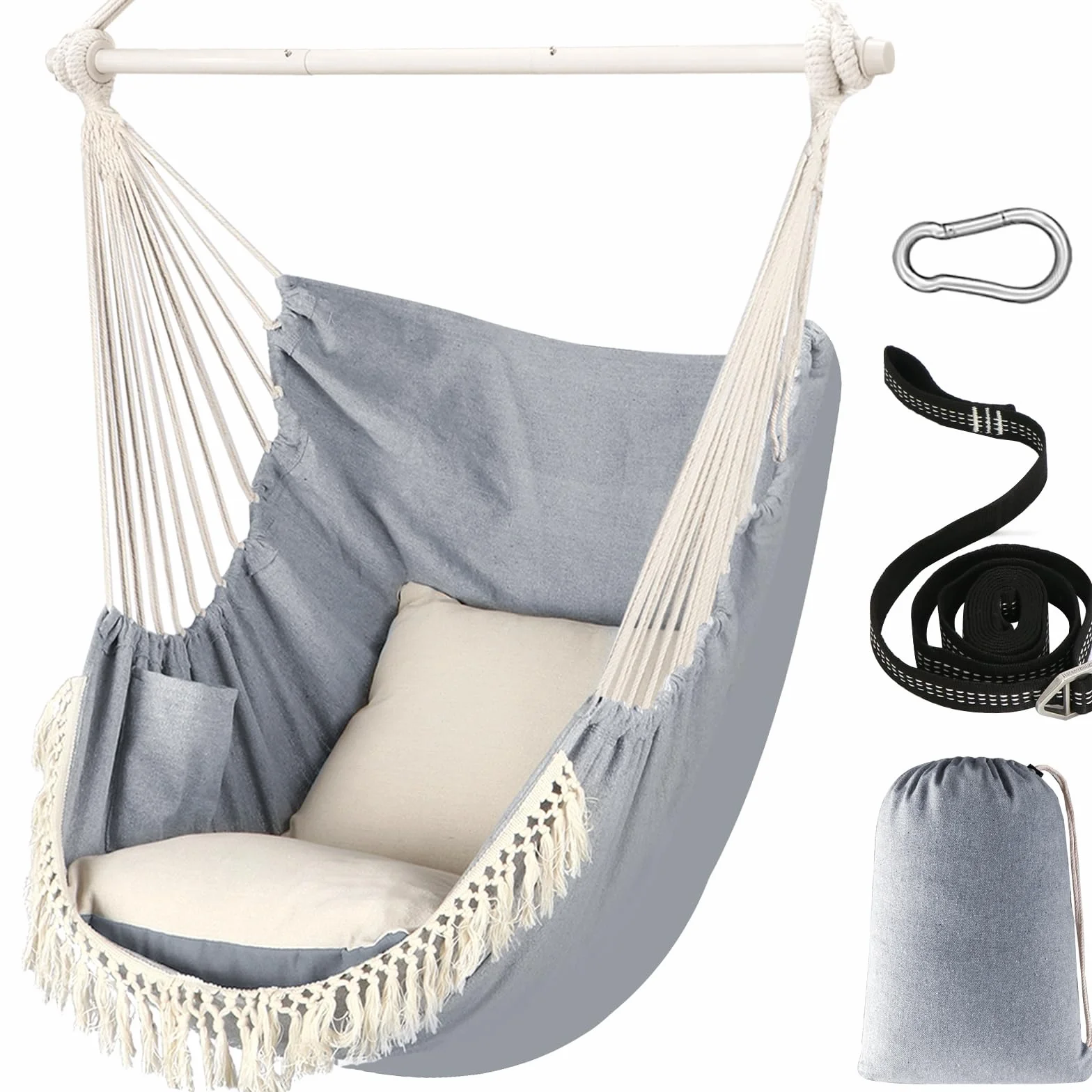 Chihee Sedie sospese Sedia amaca Massimo 227KG 2 cuscini inclusi Barra di diffusione in Metallo con scanalature antiscivolo Sedia sospesa portatile Tasca laterale Grande sedia bohémien in macramè