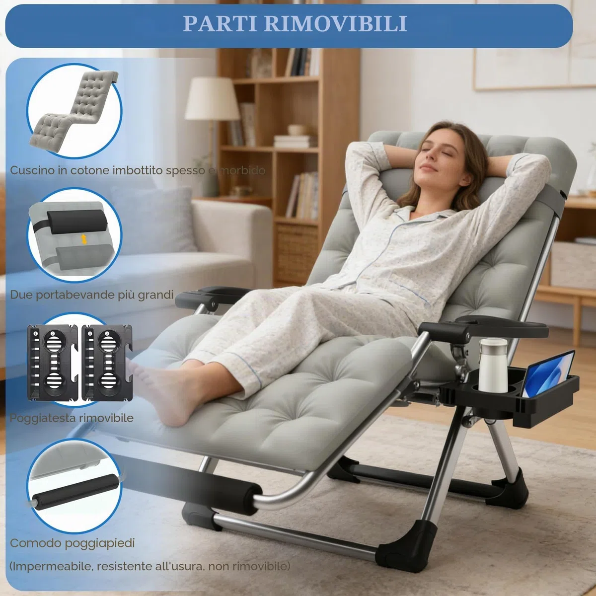 Fiutazge Lettino Prendisole Zero Gravity 72 cm,Sdraio Pieghevole con Cuscino, Schienale Regolabile, Pedaliera,Portabevande,Per Giardino,Piscina,Spiaggia,Terrazzo,Campeggio-Gray