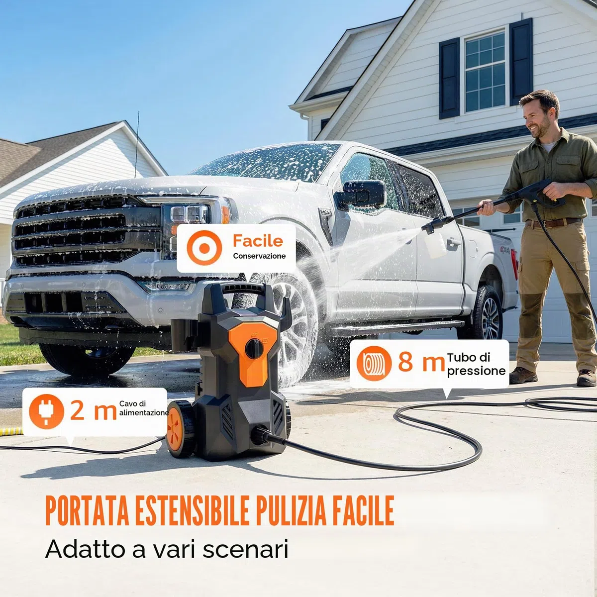 Idropulitrice Alta Pressione, 1600W, Pressione max.140 bar, 420 l/h, Tubo Flessibile da 8M Cavo da 2M, con Ugello Regolabile Pistola et Avvolgitubo integrato, per Casa, Giardino e Auto, Irrigazione