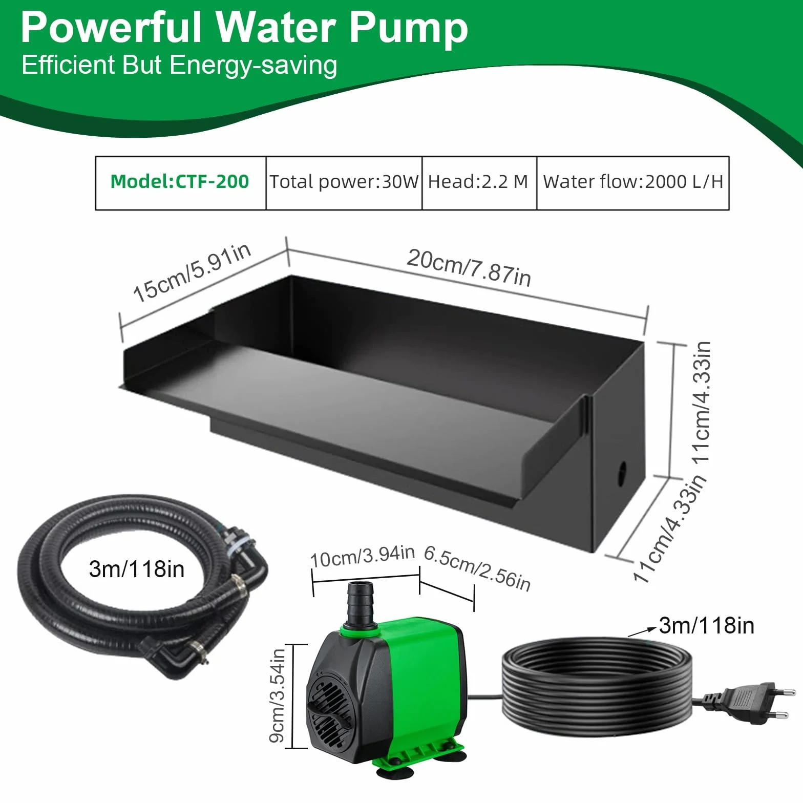 Set cascata per laghetto da giardino, in acciaio inox, pompa per laghetto con flusso d'acqua, set completo, filtro a cascata, fontana d'acqua (senza luci) (pompa da 20 cm, 30 W, 2000 l/h)
