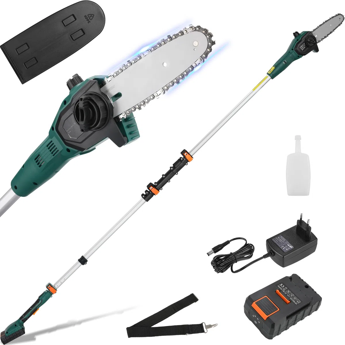 Potatore Telescopico, Sega ad Asta a Batteria, Sega Potatrice Elettrica, Caricabatterie Rapido e Batteria 20V 2,5Ah, Velocità Catena 6 m/s, Lama 24cm, Auto-Lubrificante, Asta di alluminio, Leggero