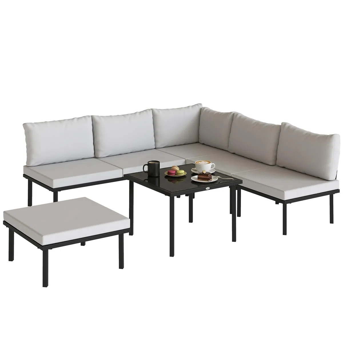 Outsunny Set Salotto da Giardino 6 Pezzi, Set di Mobili da Giardino Angolare con Divano 2 Posti, 3 Sedie, Poggiapiedi, Tavolino in Vetro, Cuscini, Salottino da Esterno ad L in Metallo, Grigio Chiaro