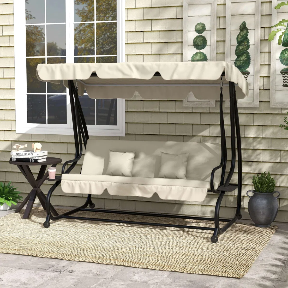 Outsunny Dondolo Letto da Giardino con Tettuccio Regolabile e Vassoi Portabicchieri, Dondolo da Giardino in Acciaio e Poliestere, 200x120x164 cm, Crema