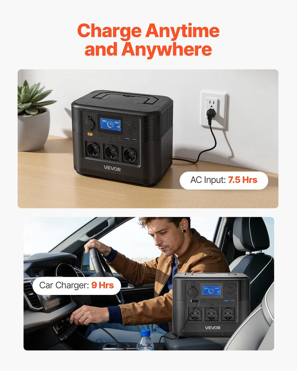 VEVOR Centrale Elettrica Portatile Generatore Solare 1200 W Stazione Elettrica Batteria di Backup LiFePO4 806 Wh con 9 Porte di Uscita per Campeggio Viaggio Emergenza, Pannello Solare Non Incluso