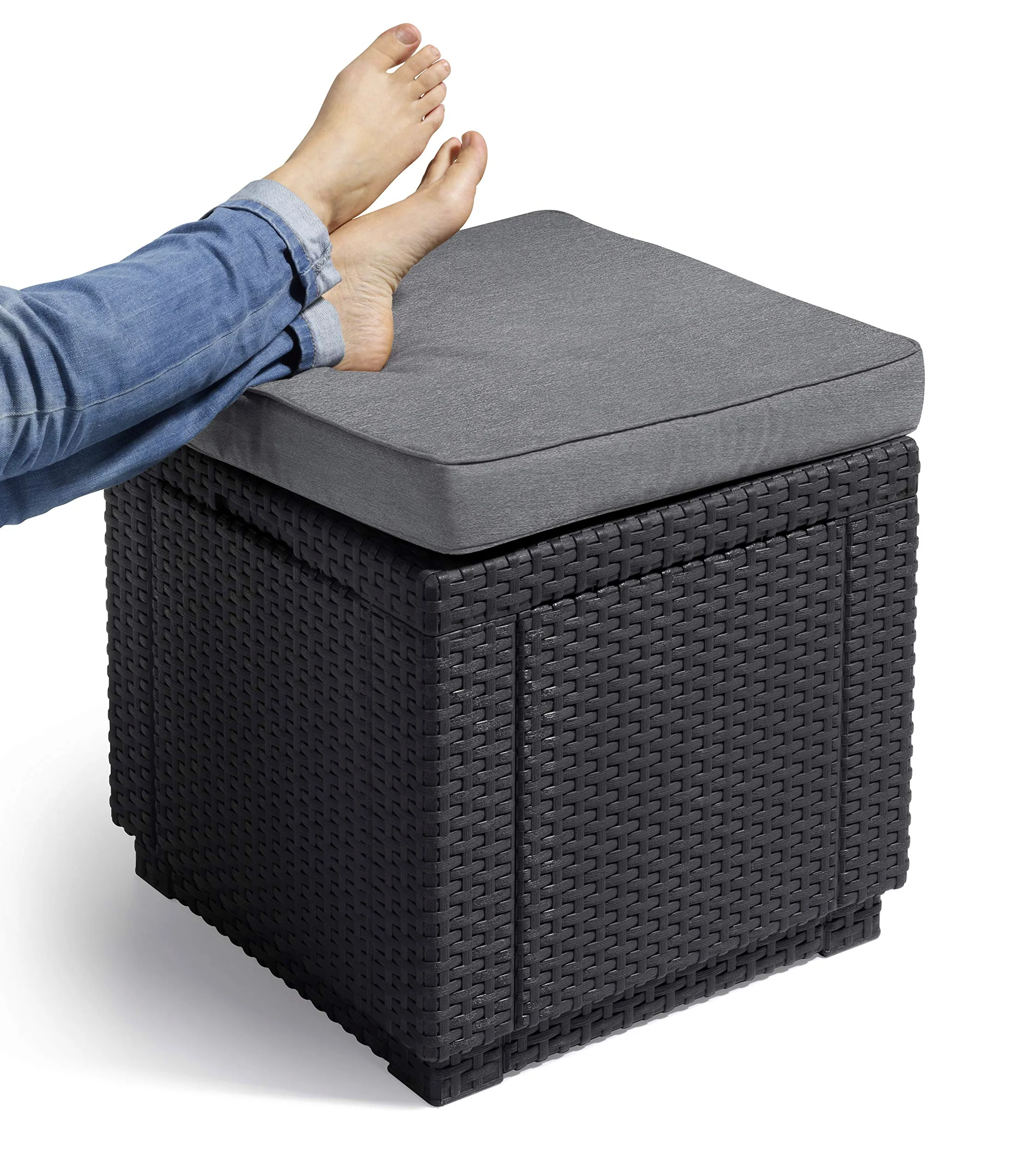 Allibert by Keter Cube - Sgabello con vano portaoggetti, con Coperchio Rimovibile, Effetto Rattan Piatto, Resistente alle intemperie, 42 x 42 x 39 cm, Colore: Grigio