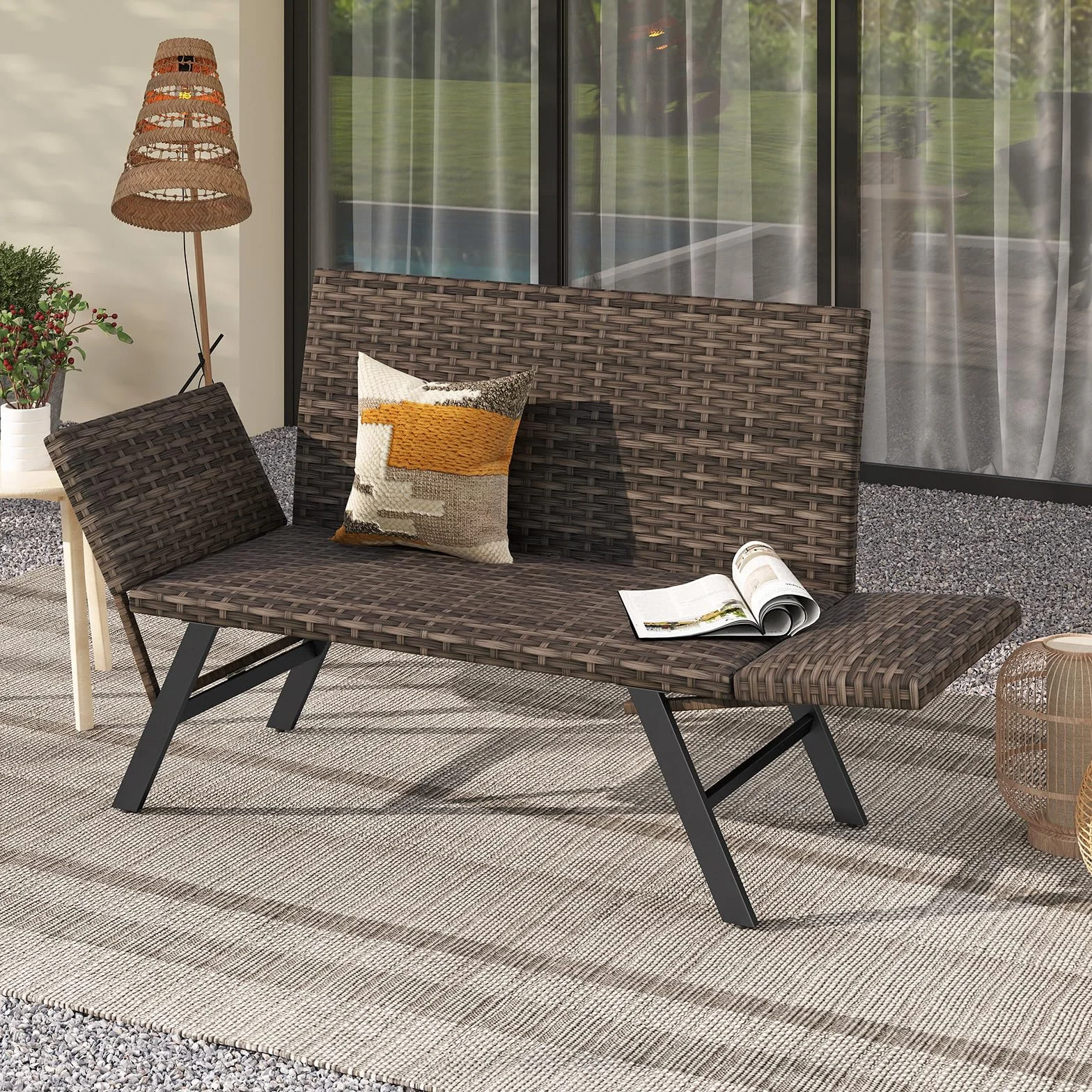 GIANTEX Divano da giardino in rattan a 2 posti, panca convertibile da esterno con braccioli regolabili, design intrecciato, lunghezza 163-178 cm, carico 300 kg, lettino da giardino per terrazza