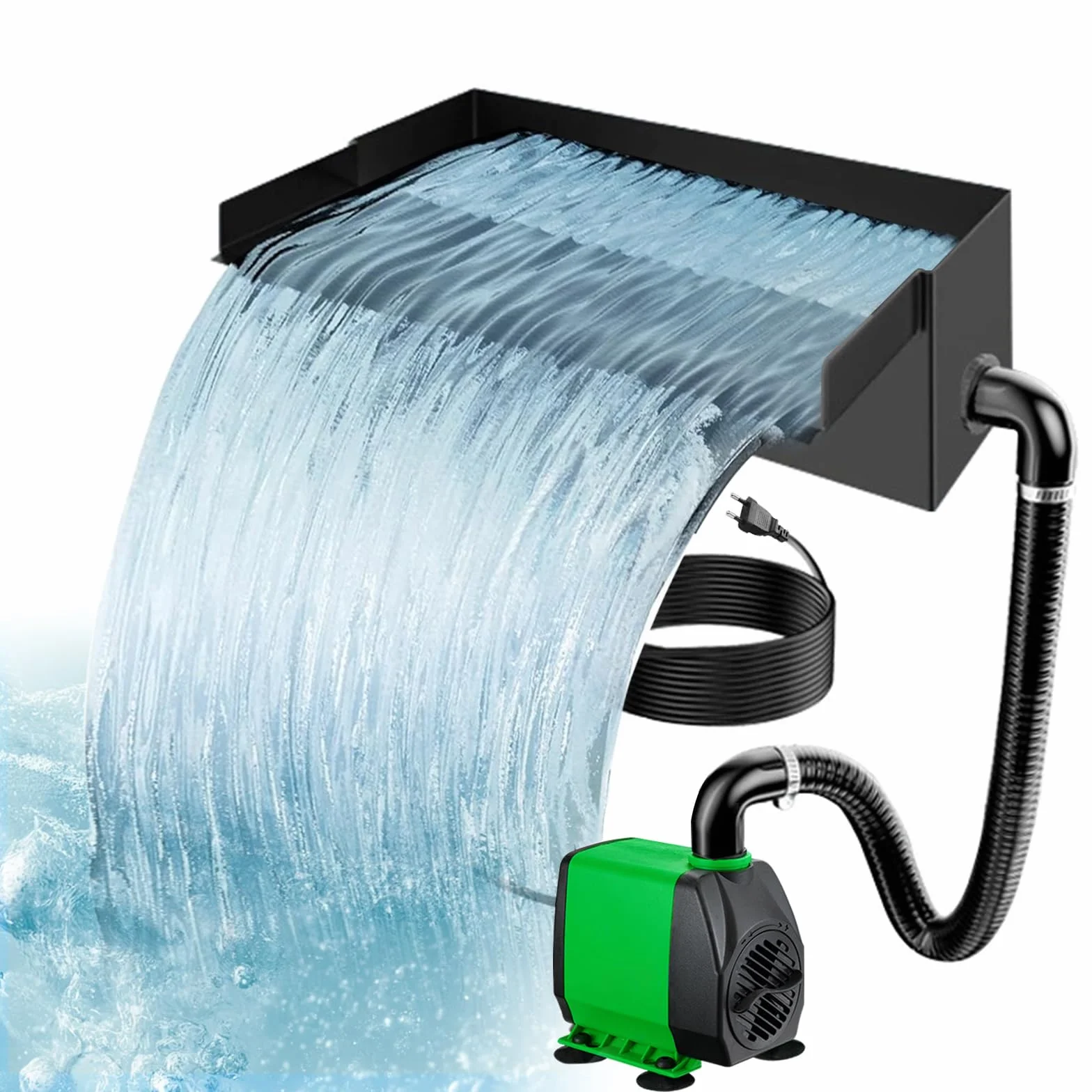 Set cascata per laghetto da giardino, in acciaio inox, pompa per laghetto con flusso d'acqua, set completo, filtro a cascata, fontana d'acqua (senza luci) (pompa da 20 cm, 30 W, 2000 l/h)