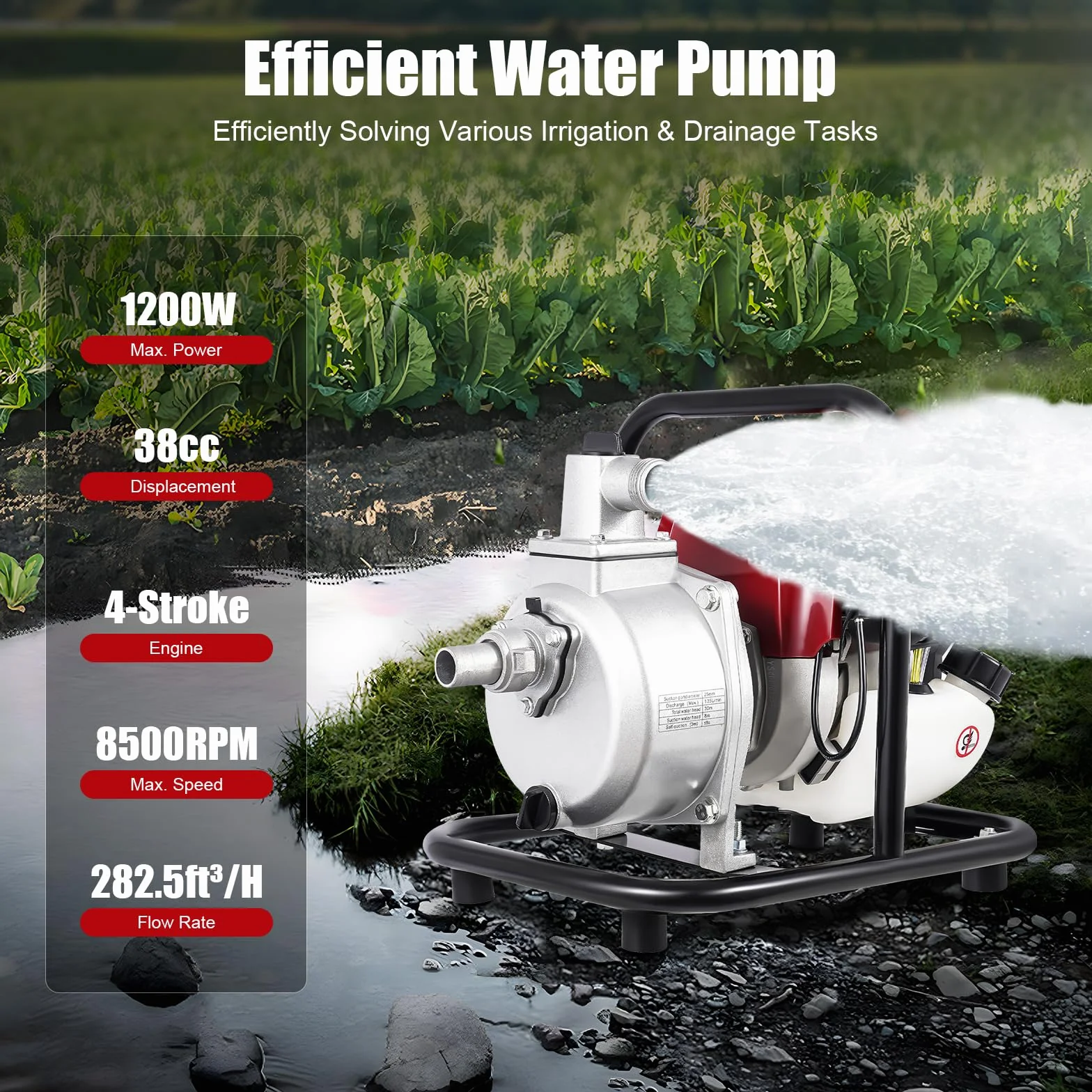 Pompa per acqua a benzina a 4 tempi, pompa da giardino, pompa per laghetti, pompa portatile a gas, pompa per acqua sporca, pompa centrifuga, motore a benzina, pompa ad alta pressione, 38 CC, 1200 W,
